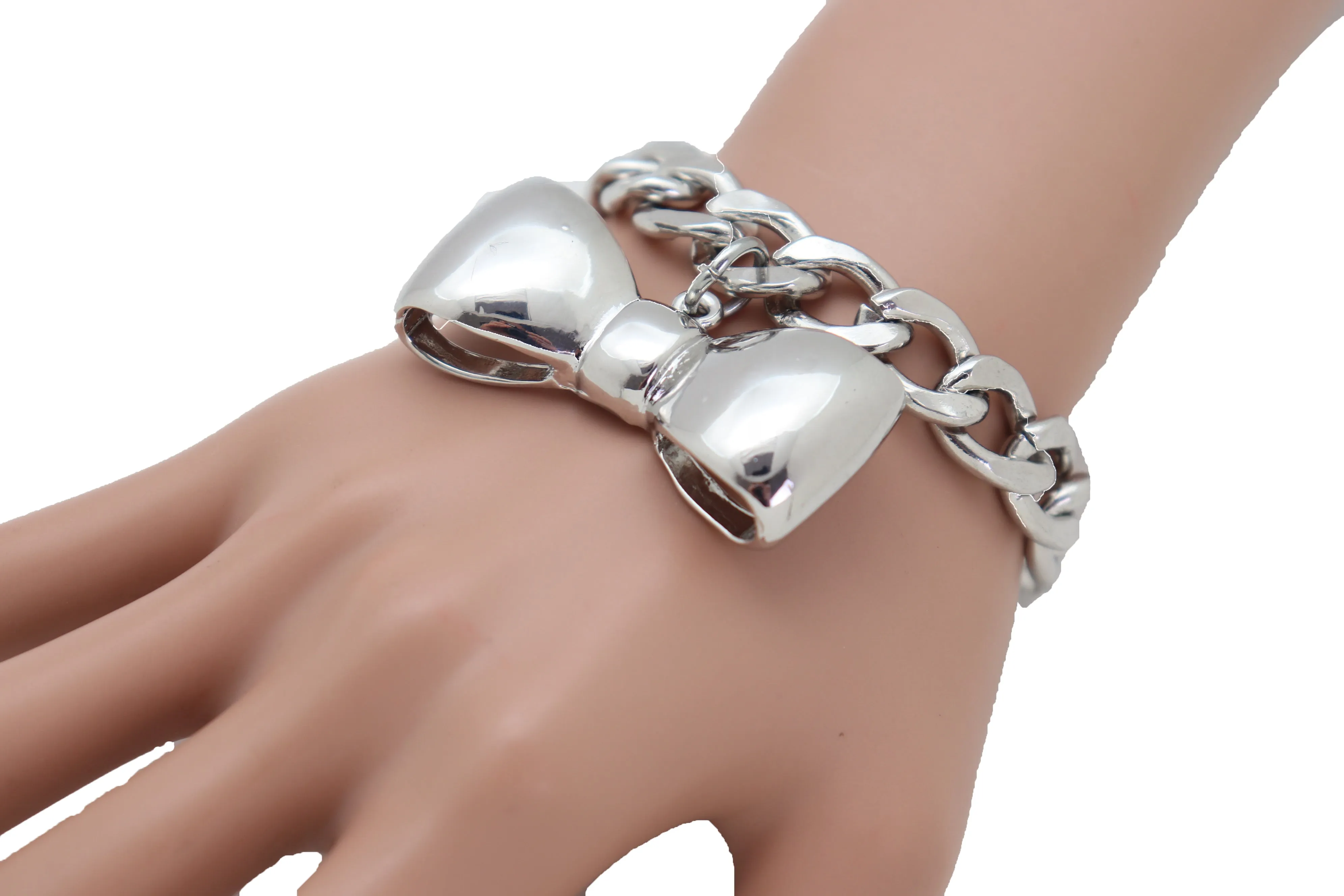 Bracelet Silver Metal Chain Link Bow Tie Ribbon Charm Gift