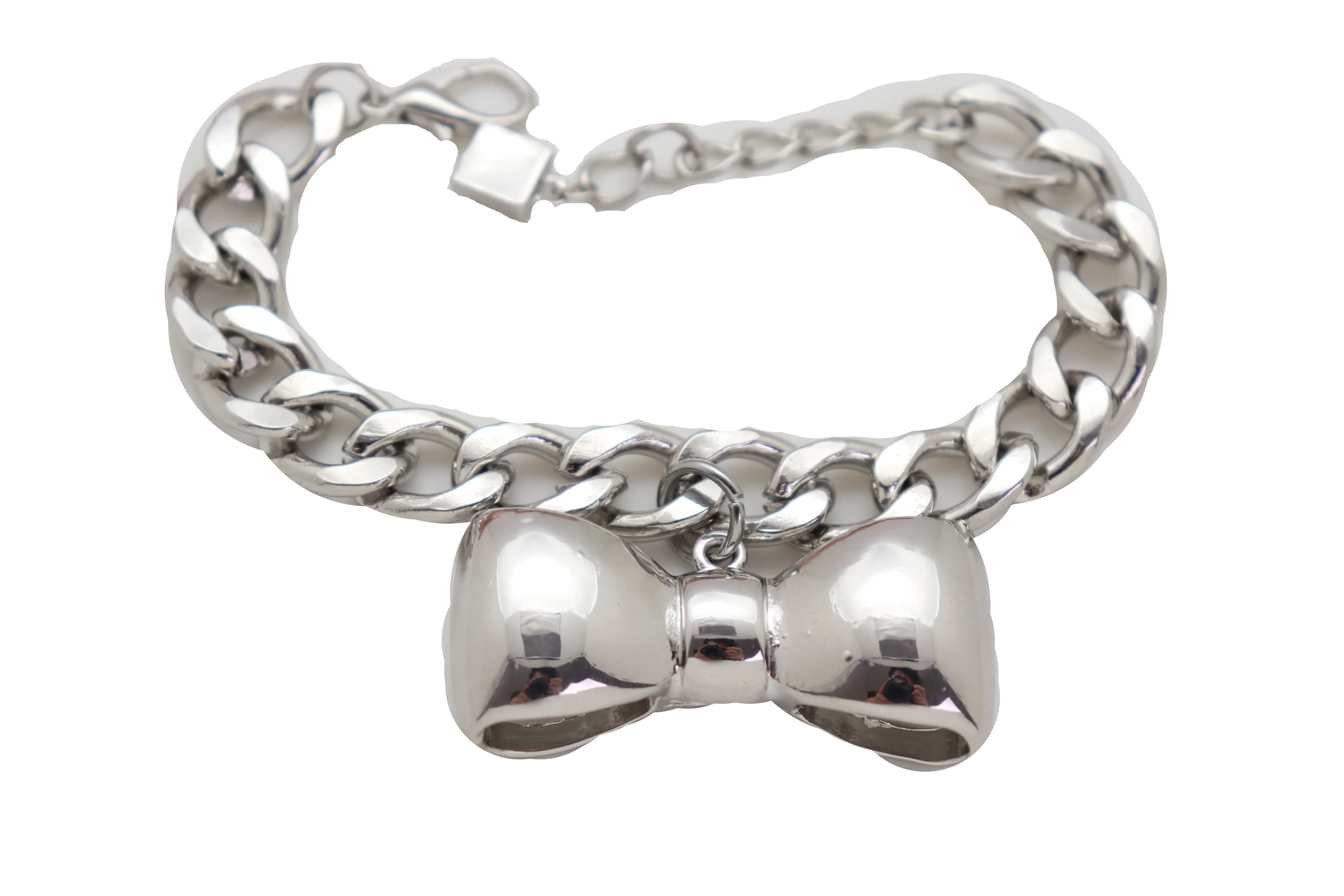 Bracelet Silver Metal Chain Link Bow Tie Ribbon Charm Gift