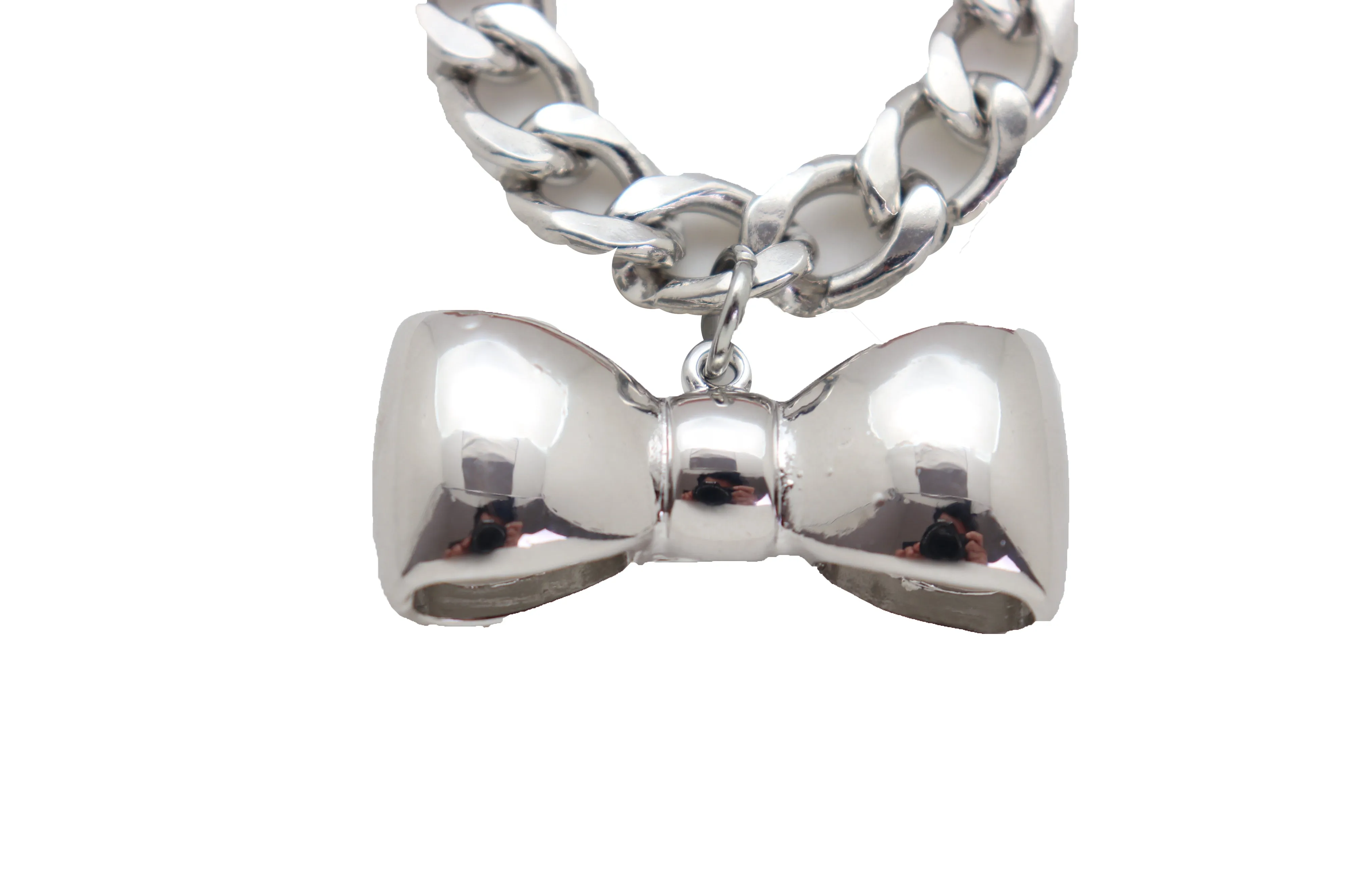 Bracelet Silver Metal Chain Link Bow Tie Ribbon Charm Gift