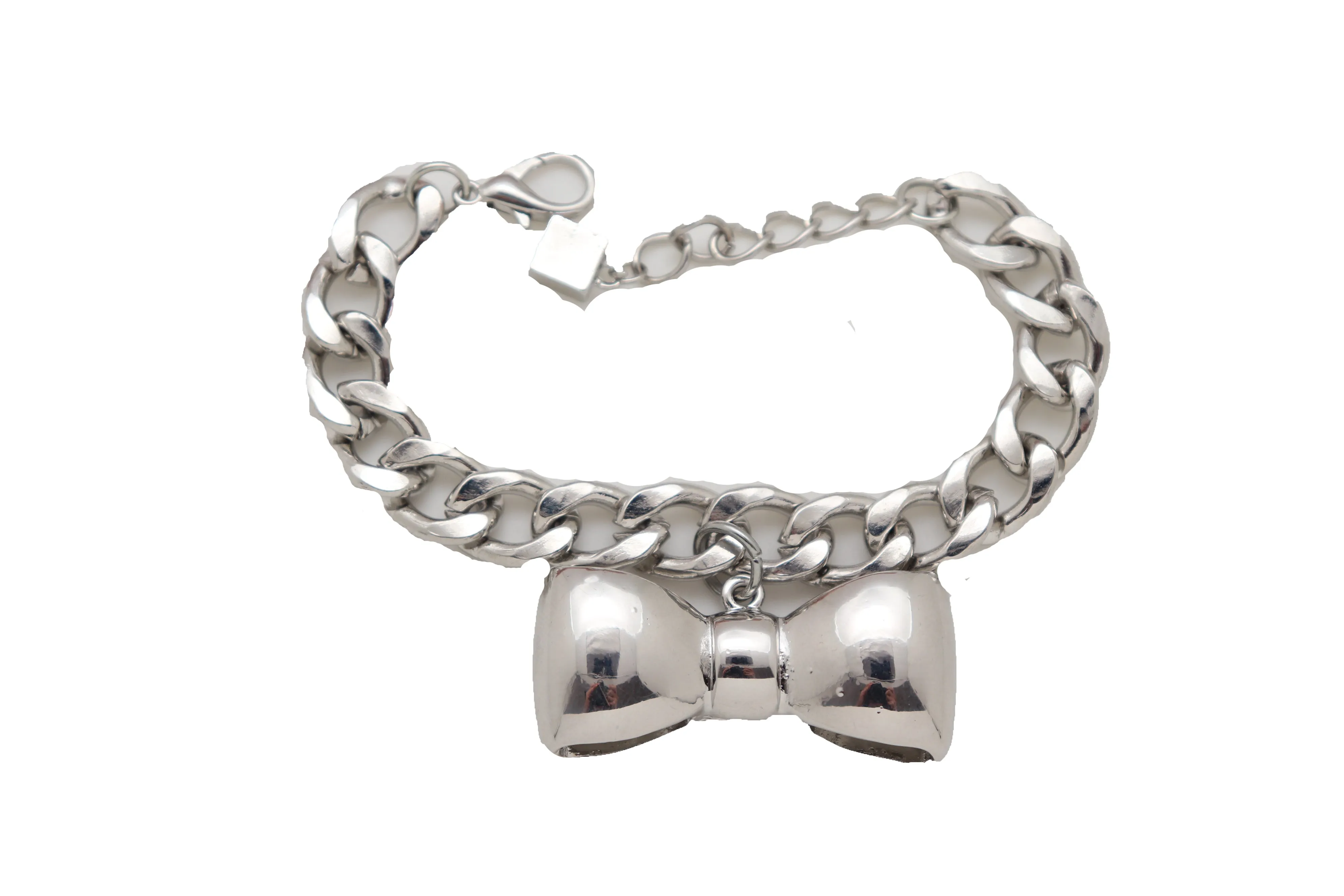 Bracelet Silver Metal Chain Link Bow Tie Ribbon Charm Gift