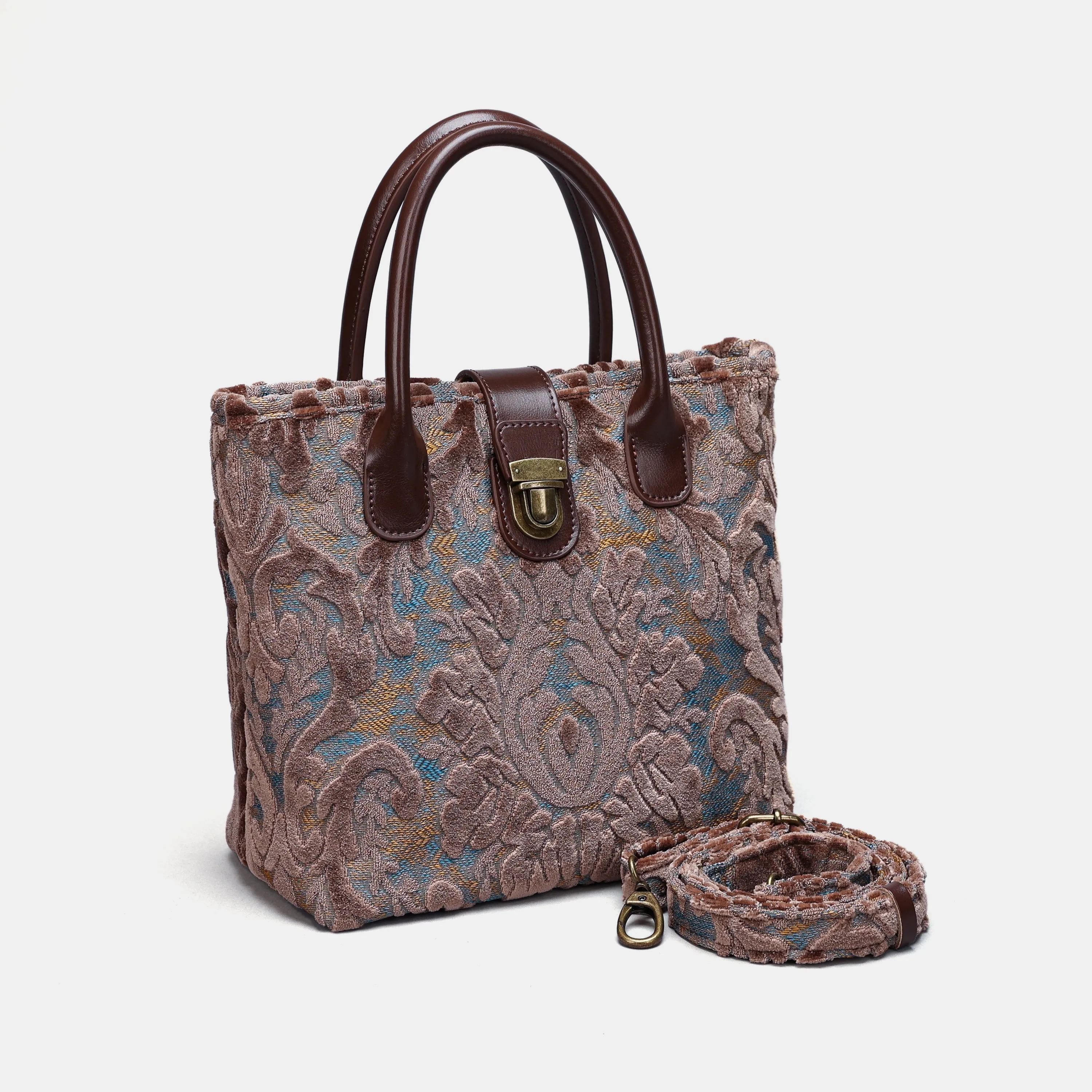 Burnout Velvet Camel Tuck Lock Carpet Satchel