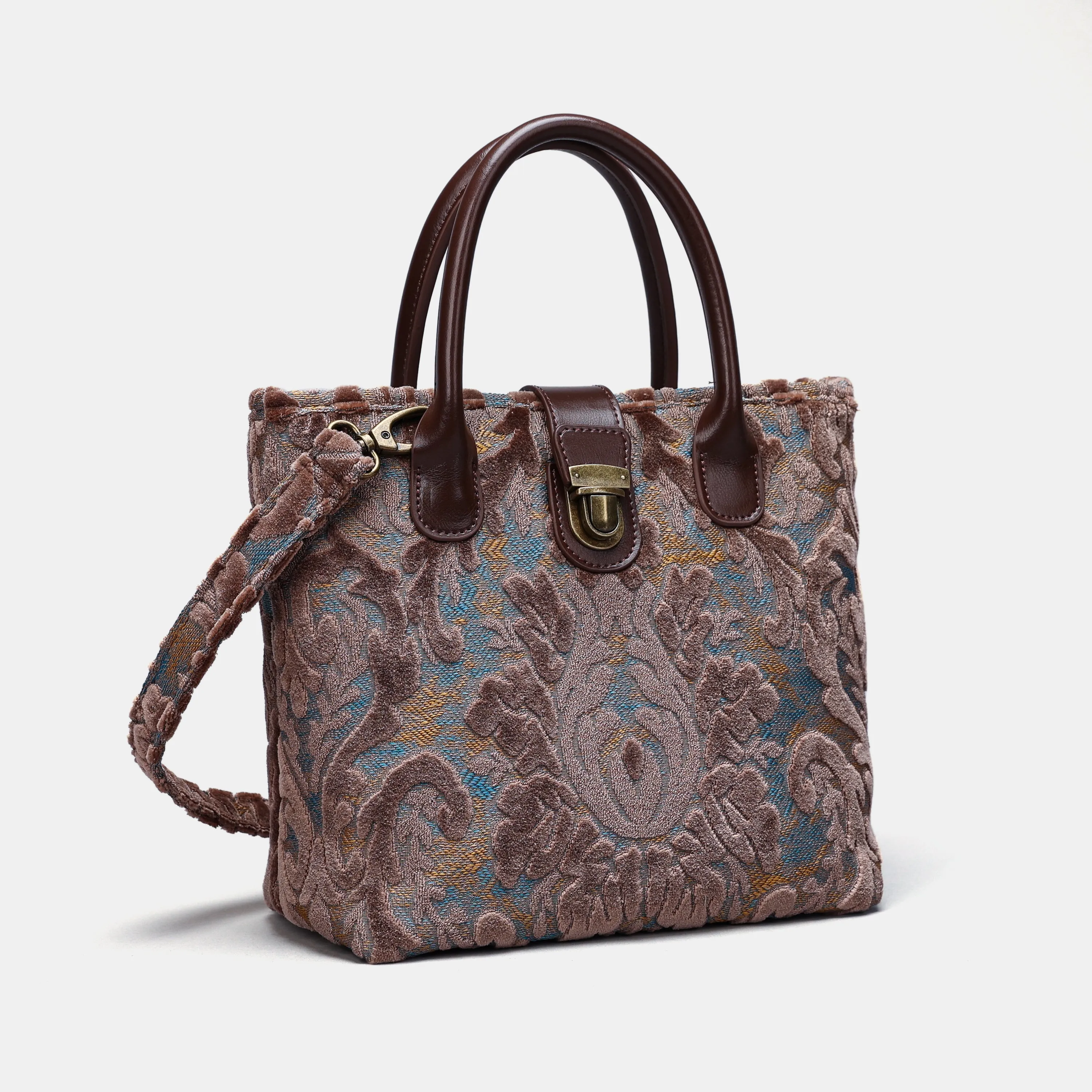 Burnout Velvet Camel Tuck Lock Carpet Satchel