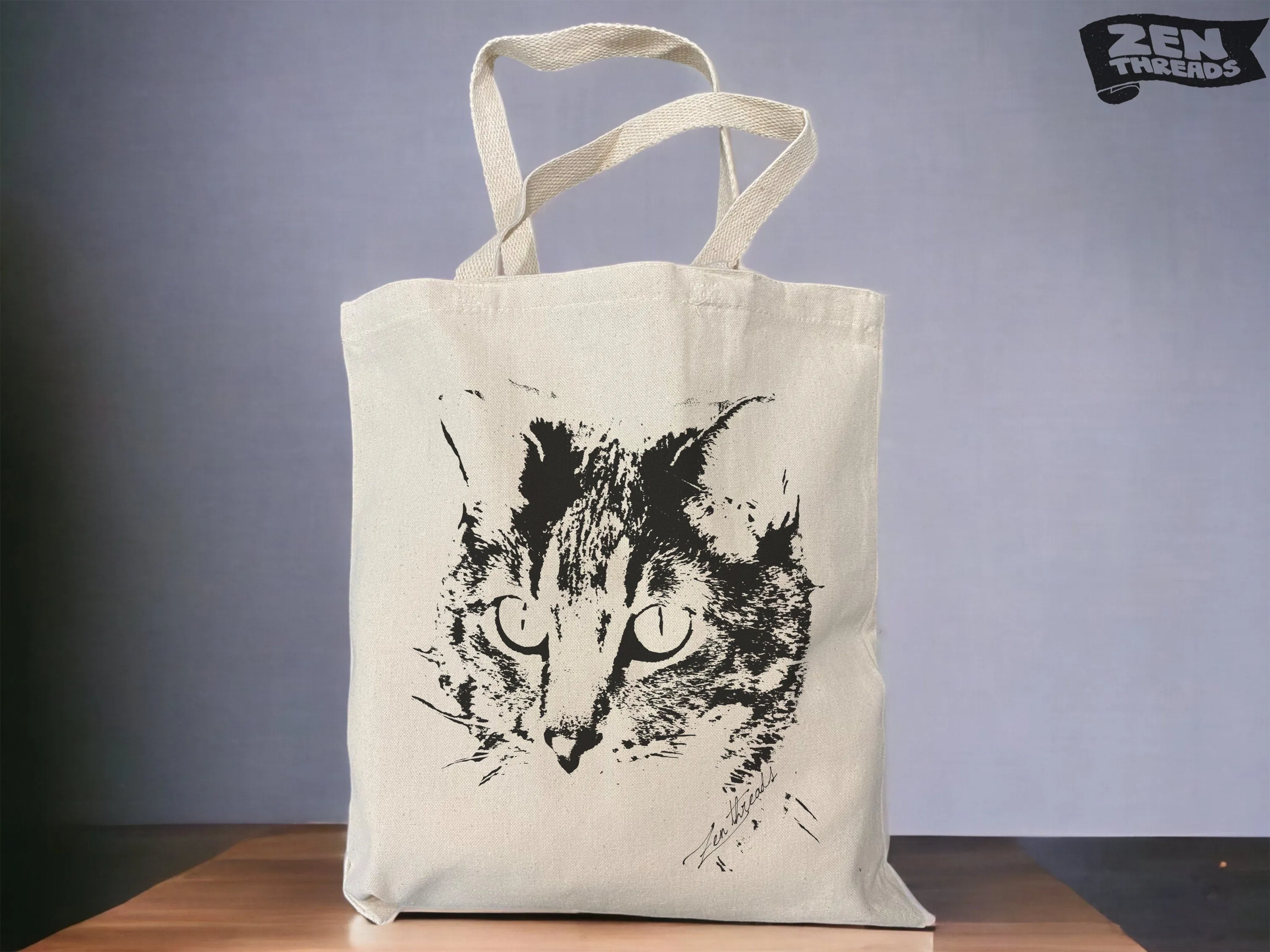 Cat Face Eco Friendly Market Tote Bag - Durable 12oz Canvas - Spacious 15"x16" Dimensions