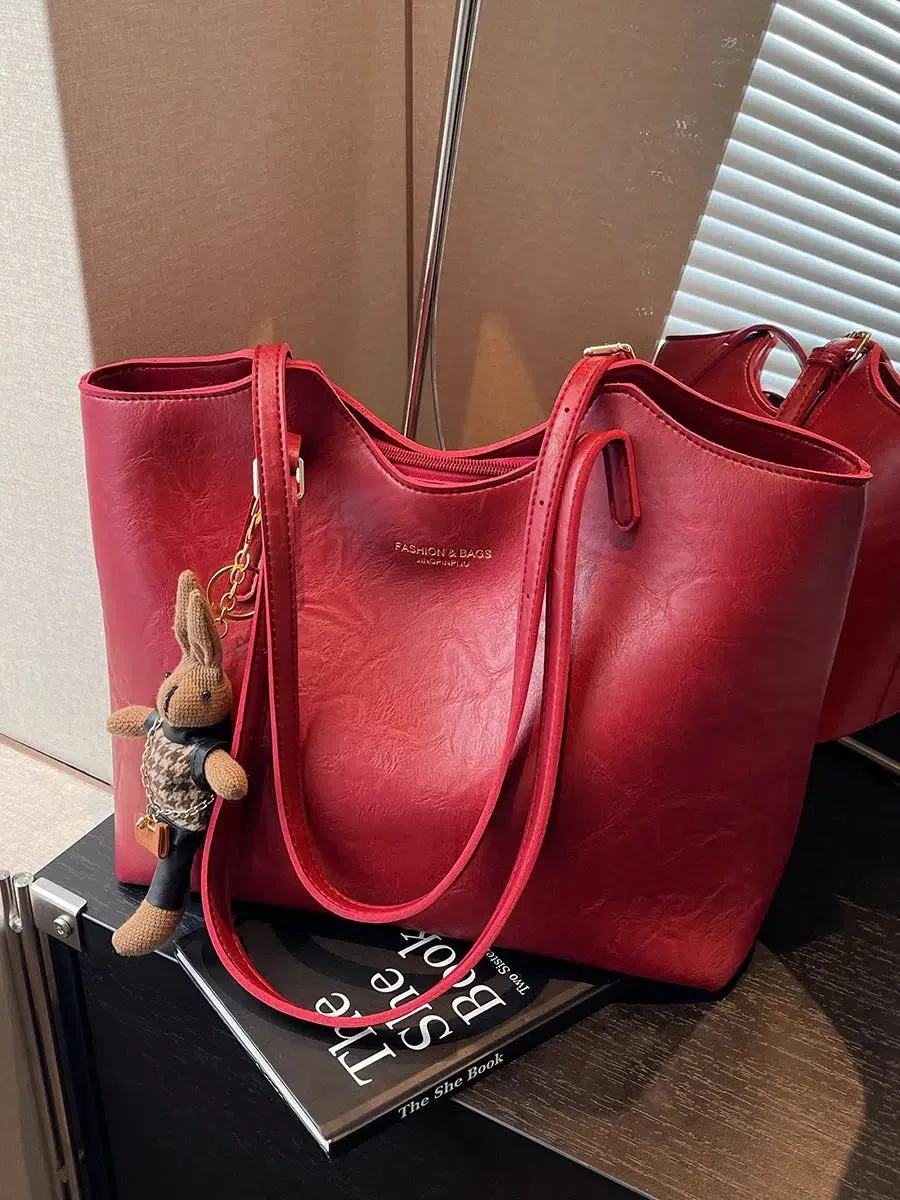 Charm Accessory Leather Tote Bag