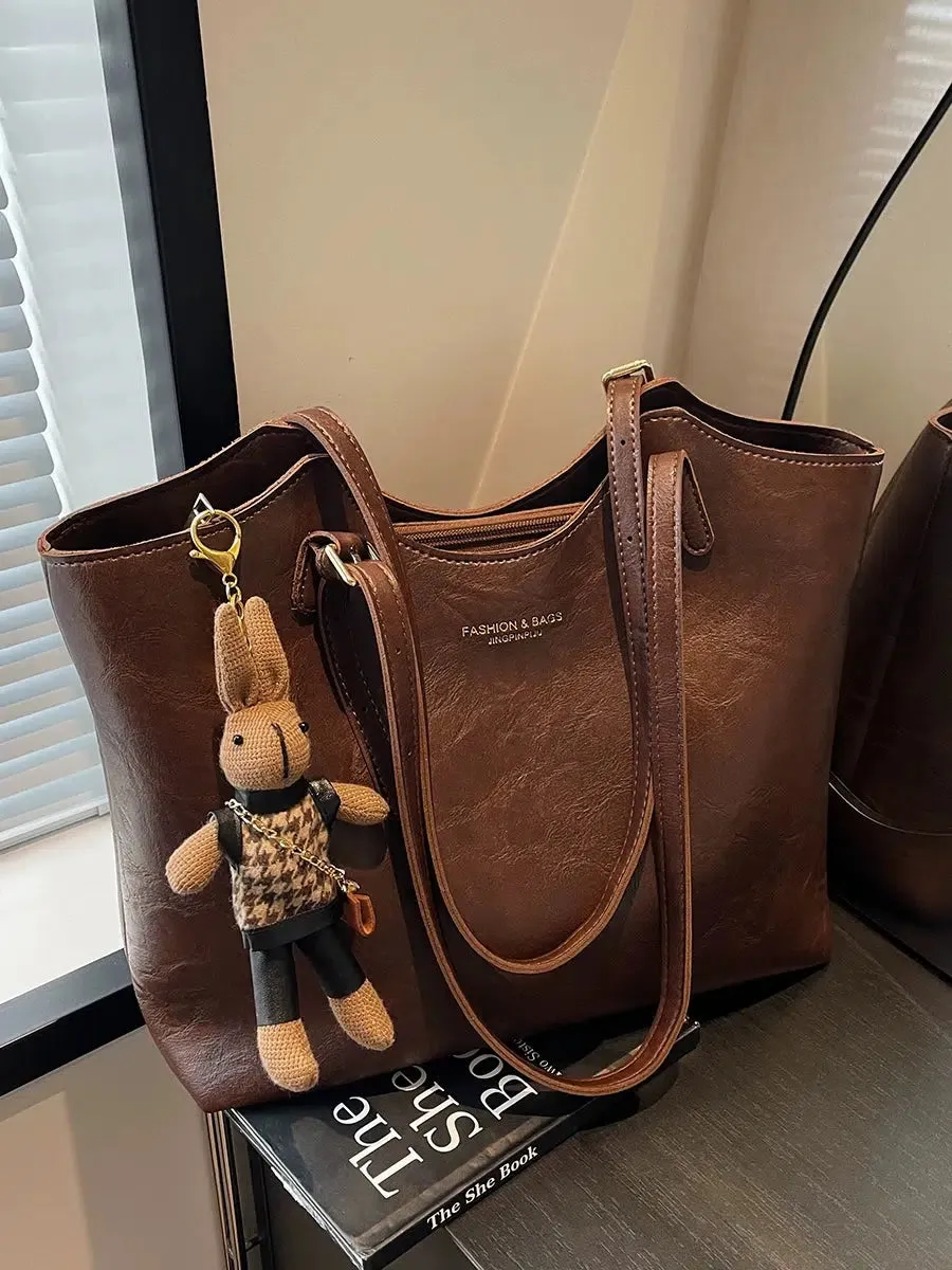 Charm Accessory Leather Tote Bag