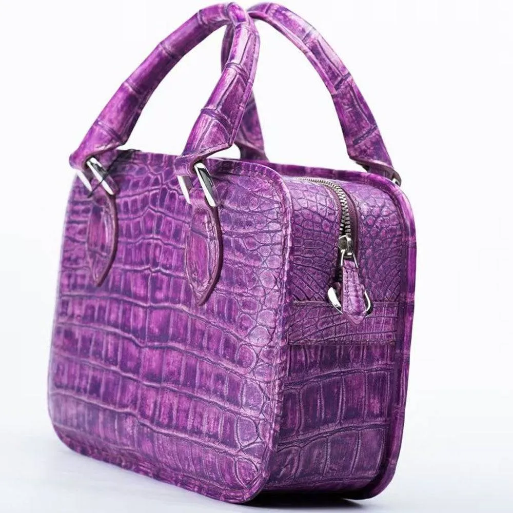 Crocodile Leather Tote Small Top Handle Bag Vintage Purple