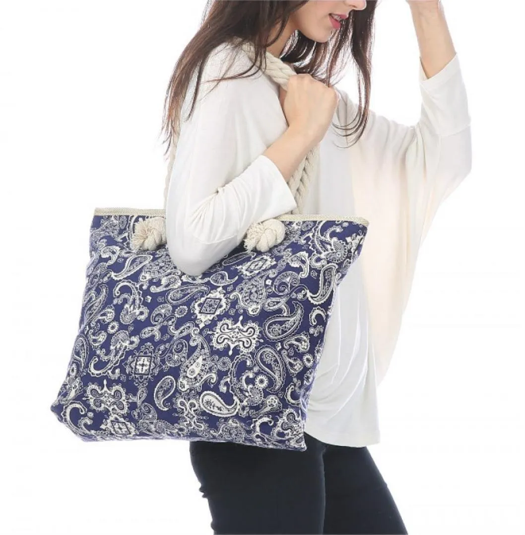 Deluxe Paisley Reusable Grocery Shopping Women Totes Bag With Rope Handles