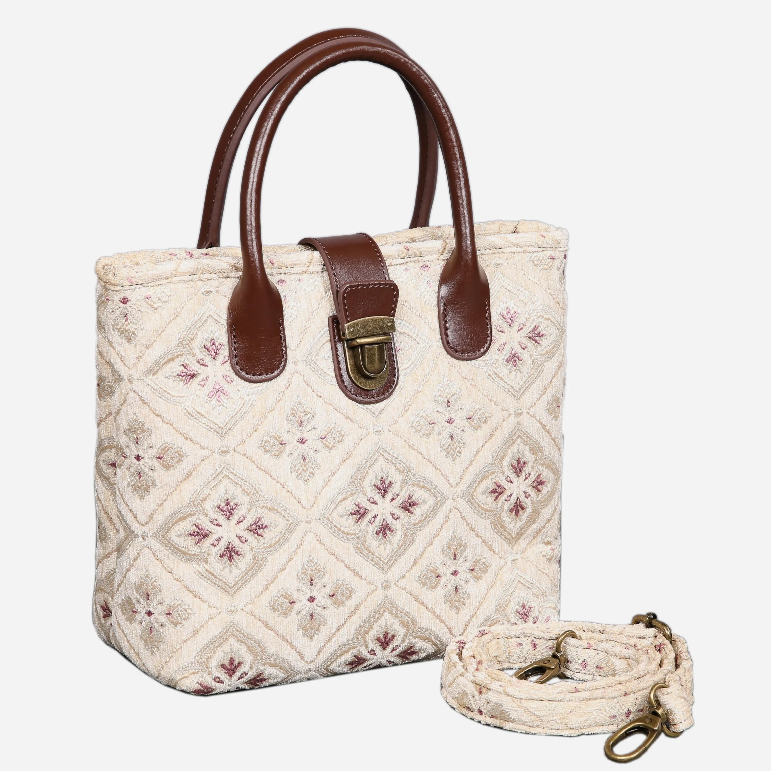 Ethnic Cream Tuck Lock Carpet Satchel