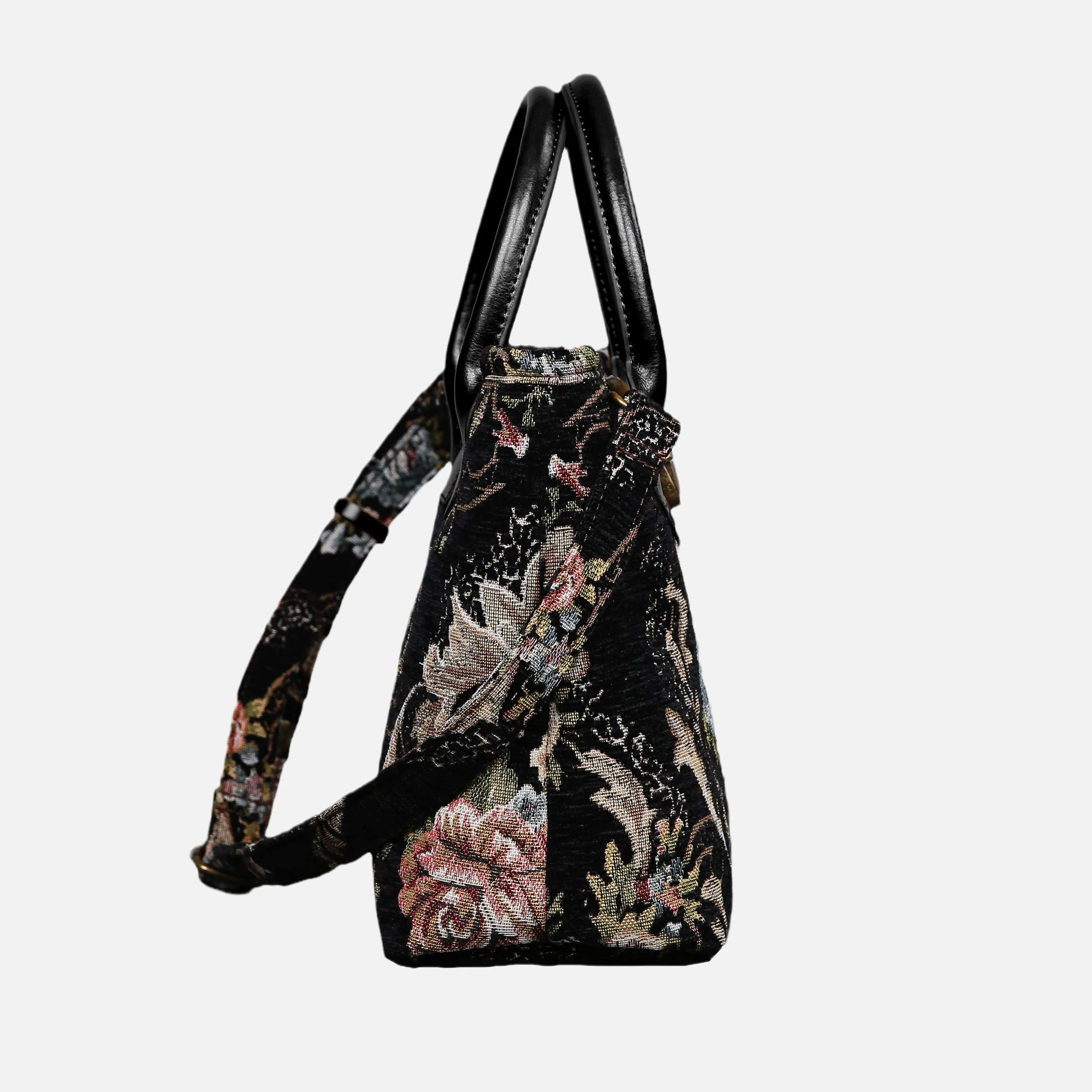 Floral Black Leather Black Tuck Lock Carpet Satchel