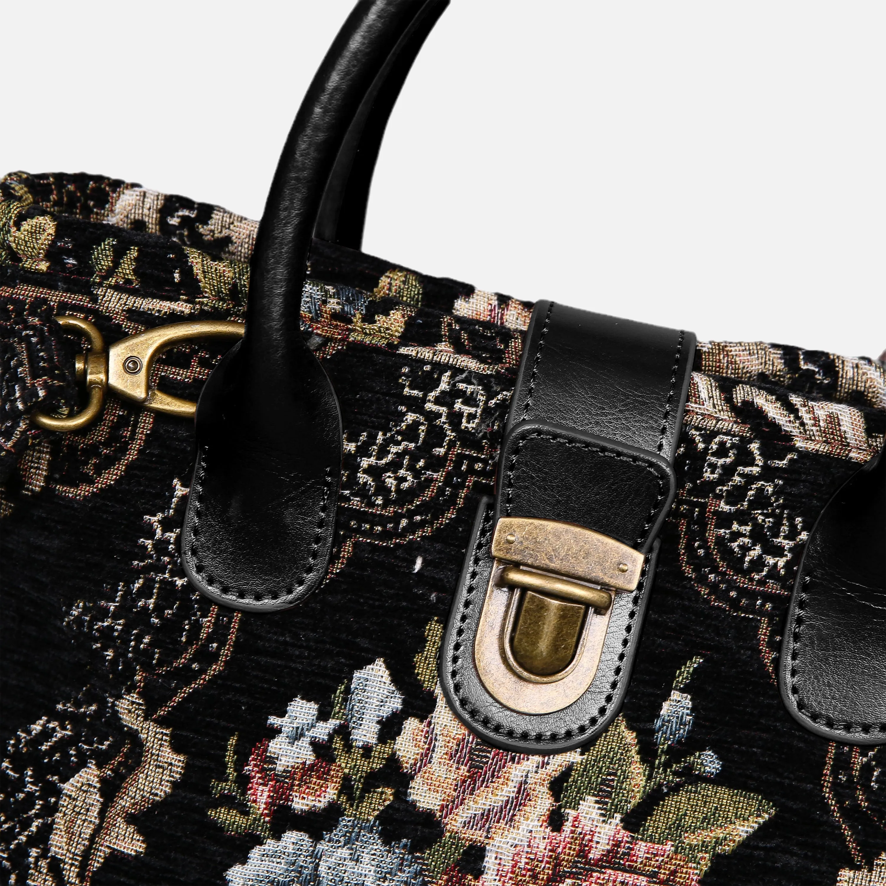 Floral Black Leather Black Tuck Lock Carpet Satchel