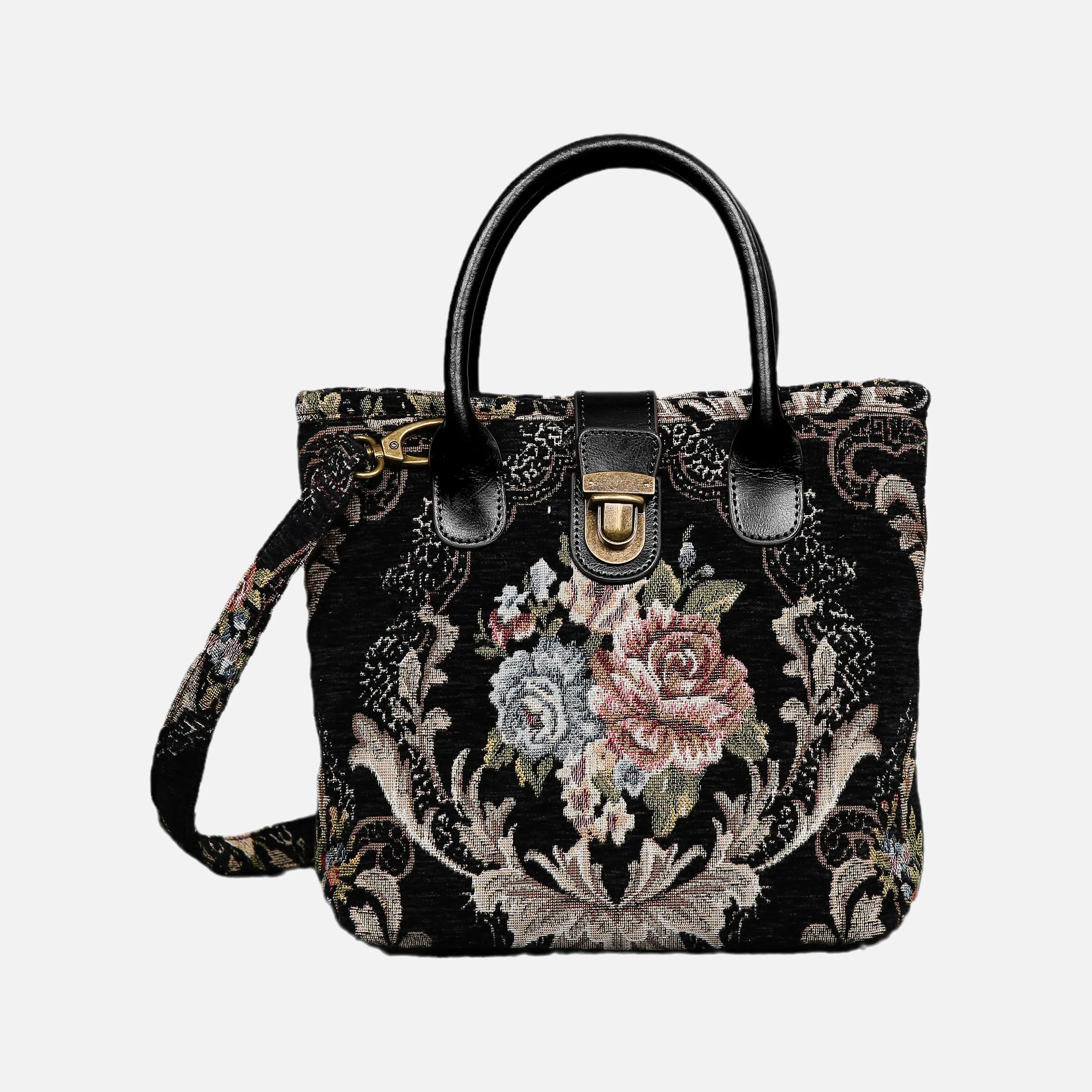 Floral Black Leather Black Tuck Lock Carpet Satchel