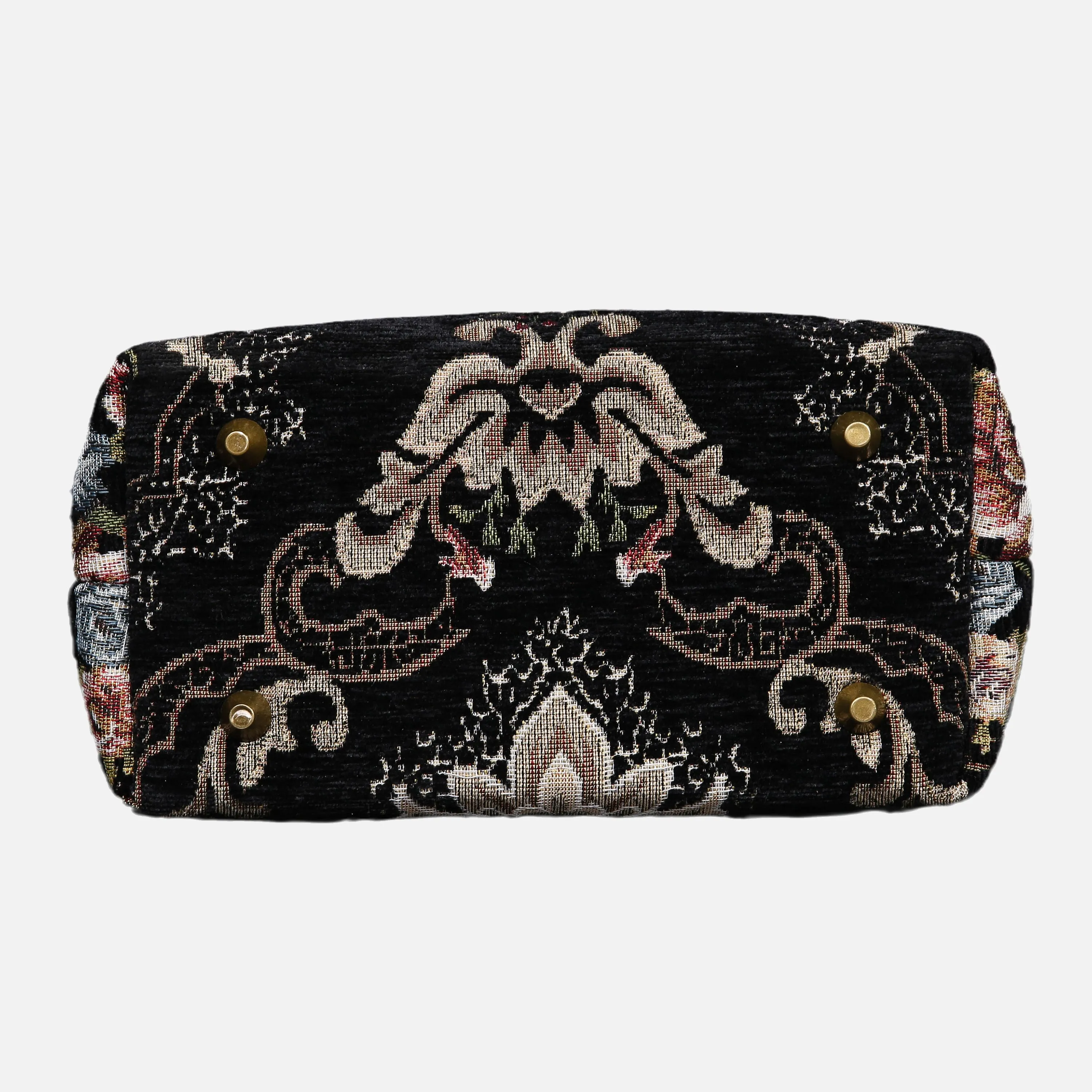 Floral Black Leather Black Tuck Lock Carpet Satchel