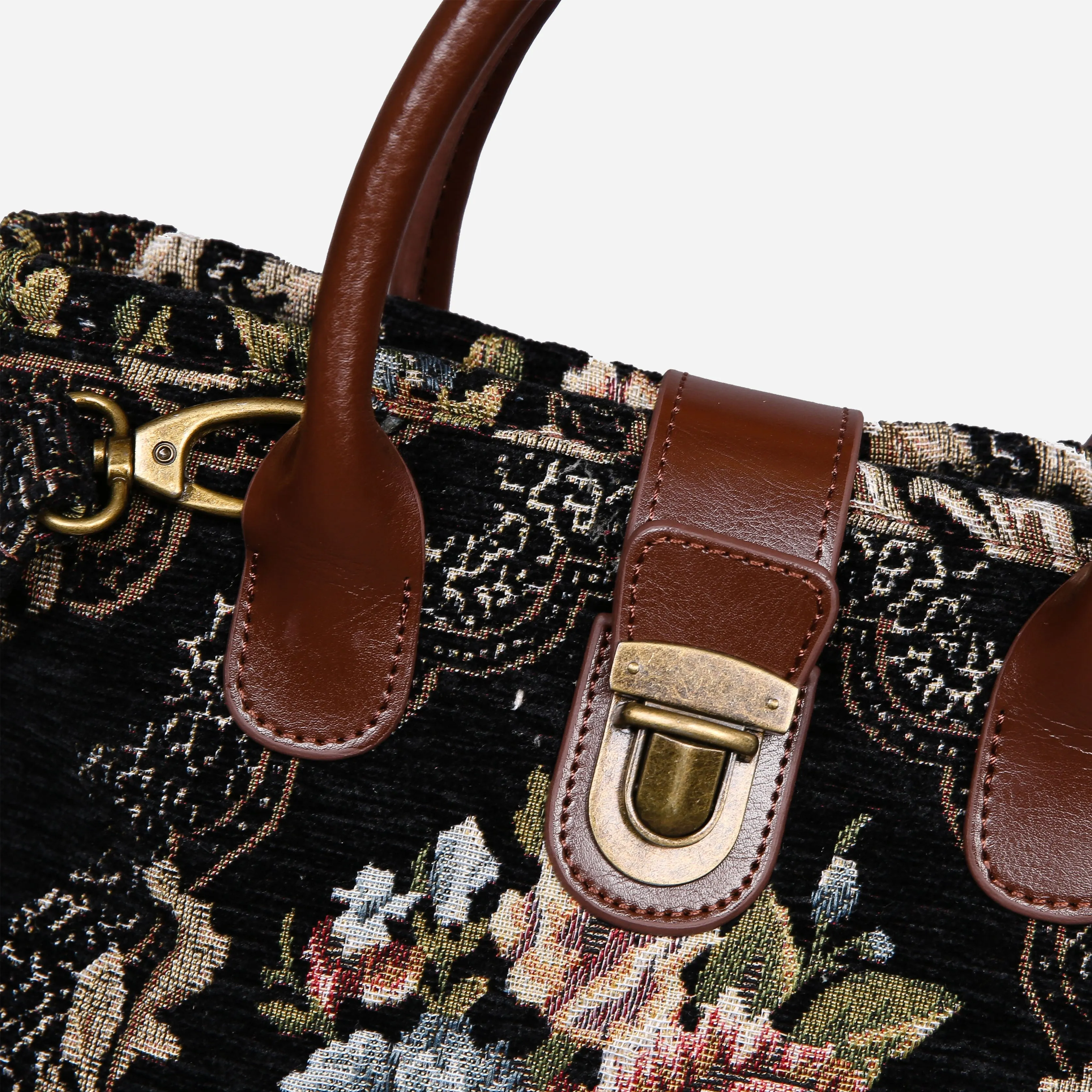 Floral Black Leather Brown Tuck Lock Carpet Satchel