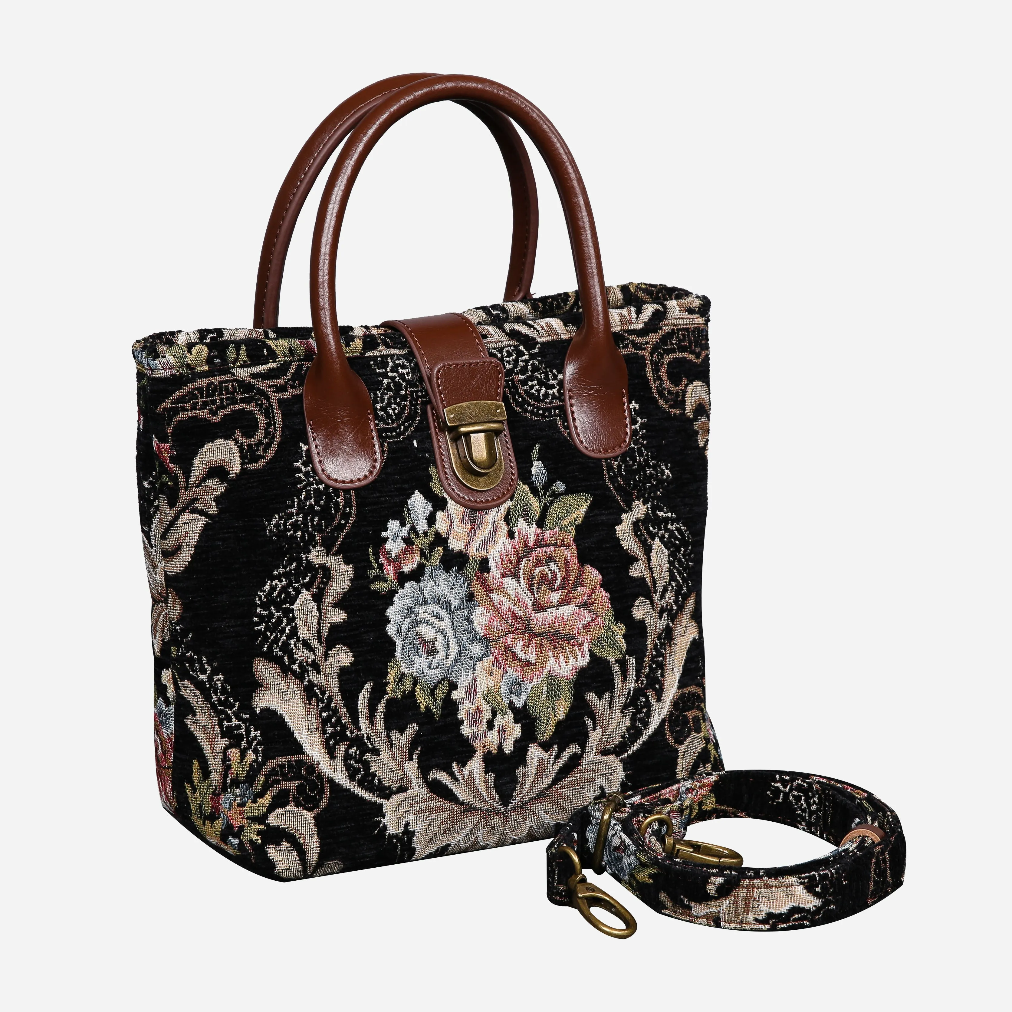 Floral Black Leather Brown Tuck Lock Carpet Satchel