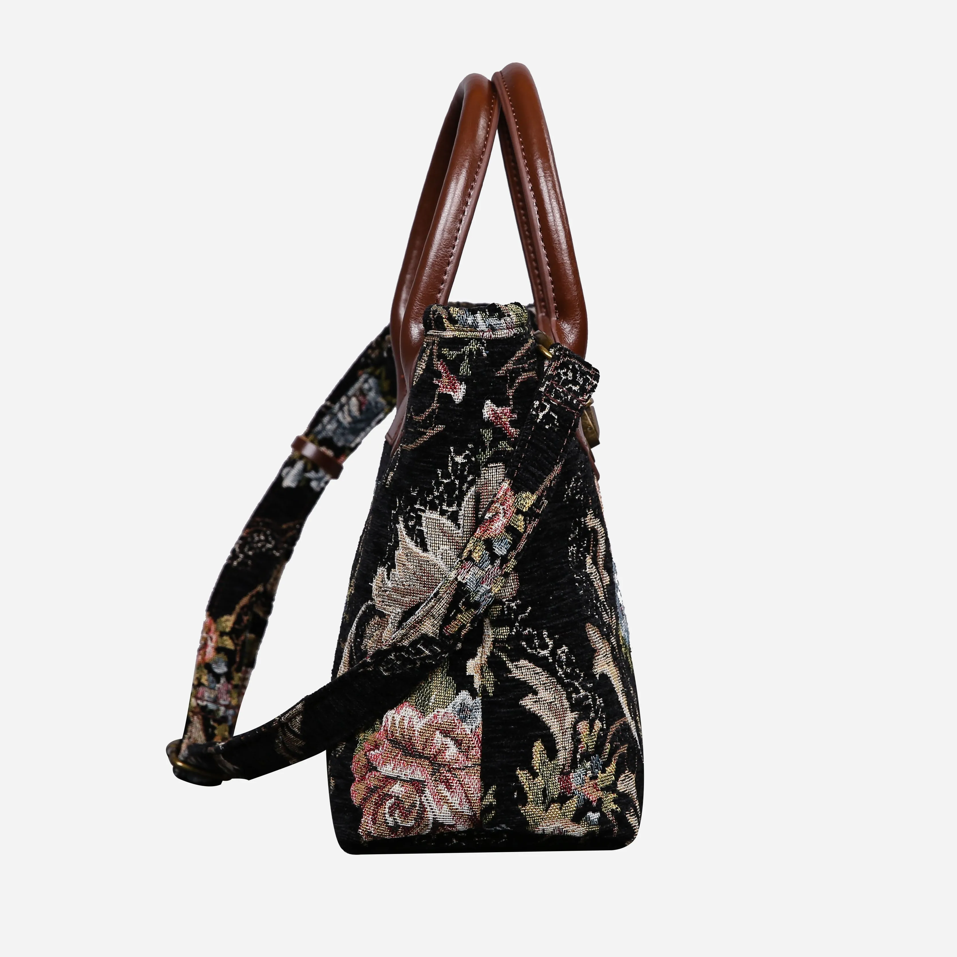 Floral Black Leather Brown Tuck Lock Carpet Satchel