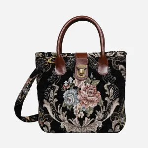 Floral Black Leather Brown Tuck Lock Carpet Satchel