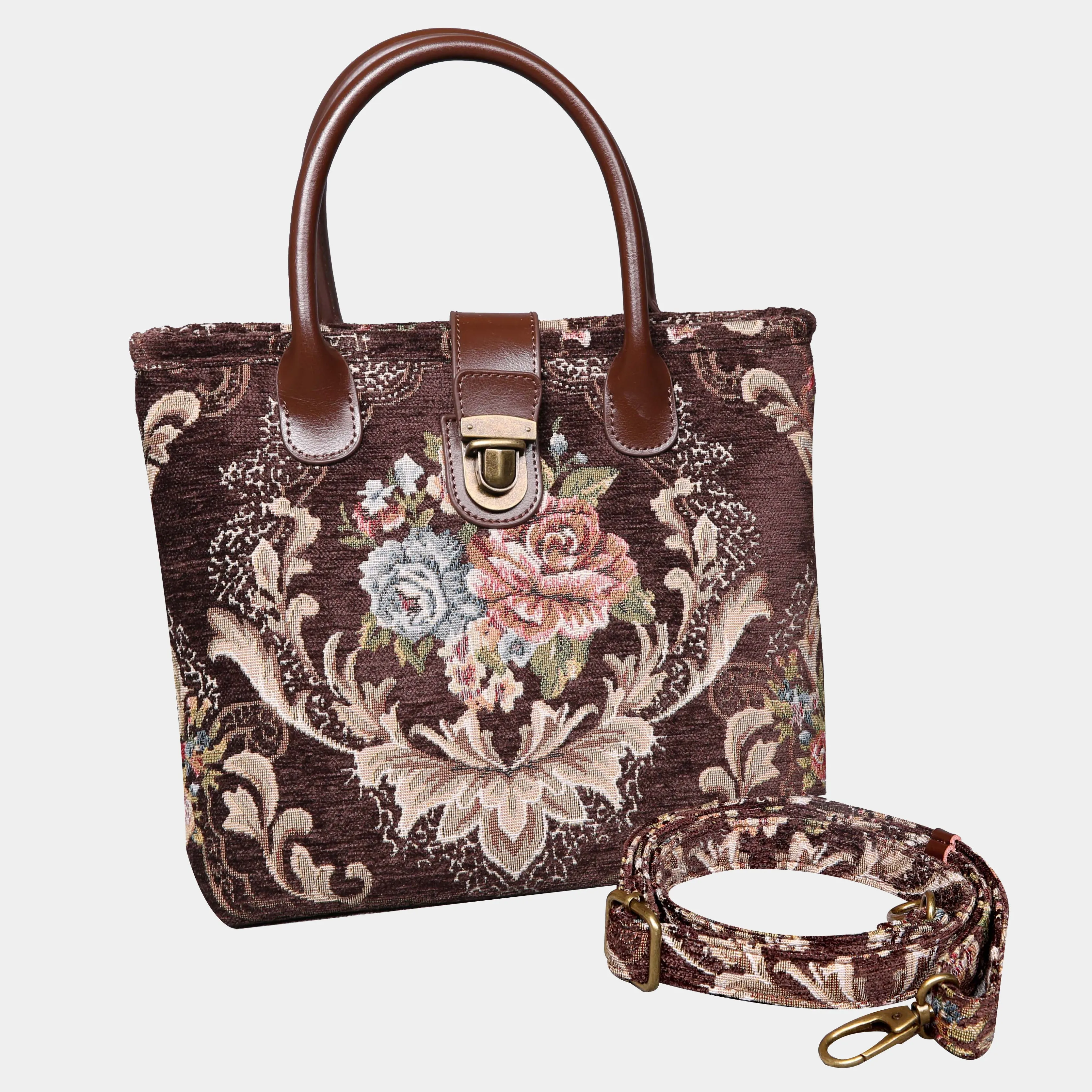 Floral Coffee Tuck Lock Carpet Satchel