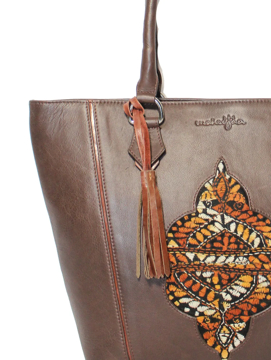 Genuine Leather-Kantha Handcrafted Bohemian Tote Bag (Brown)