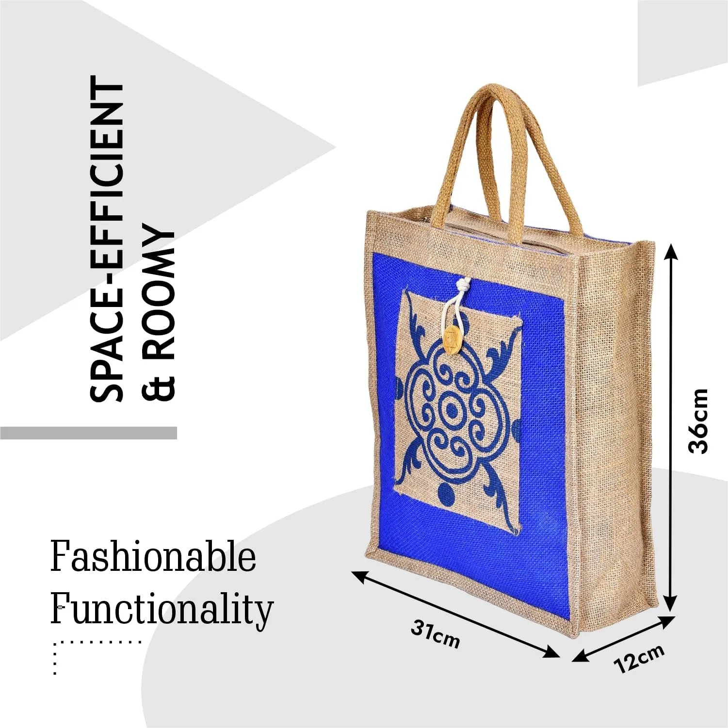 Heart Home Grocery Bag | Jute Carry Bag | Lunch Bags for Office | Zipper Grocery Bag with Handle | Vegetable Bag | Blue Flower Shopping Bag | Medium | Brown