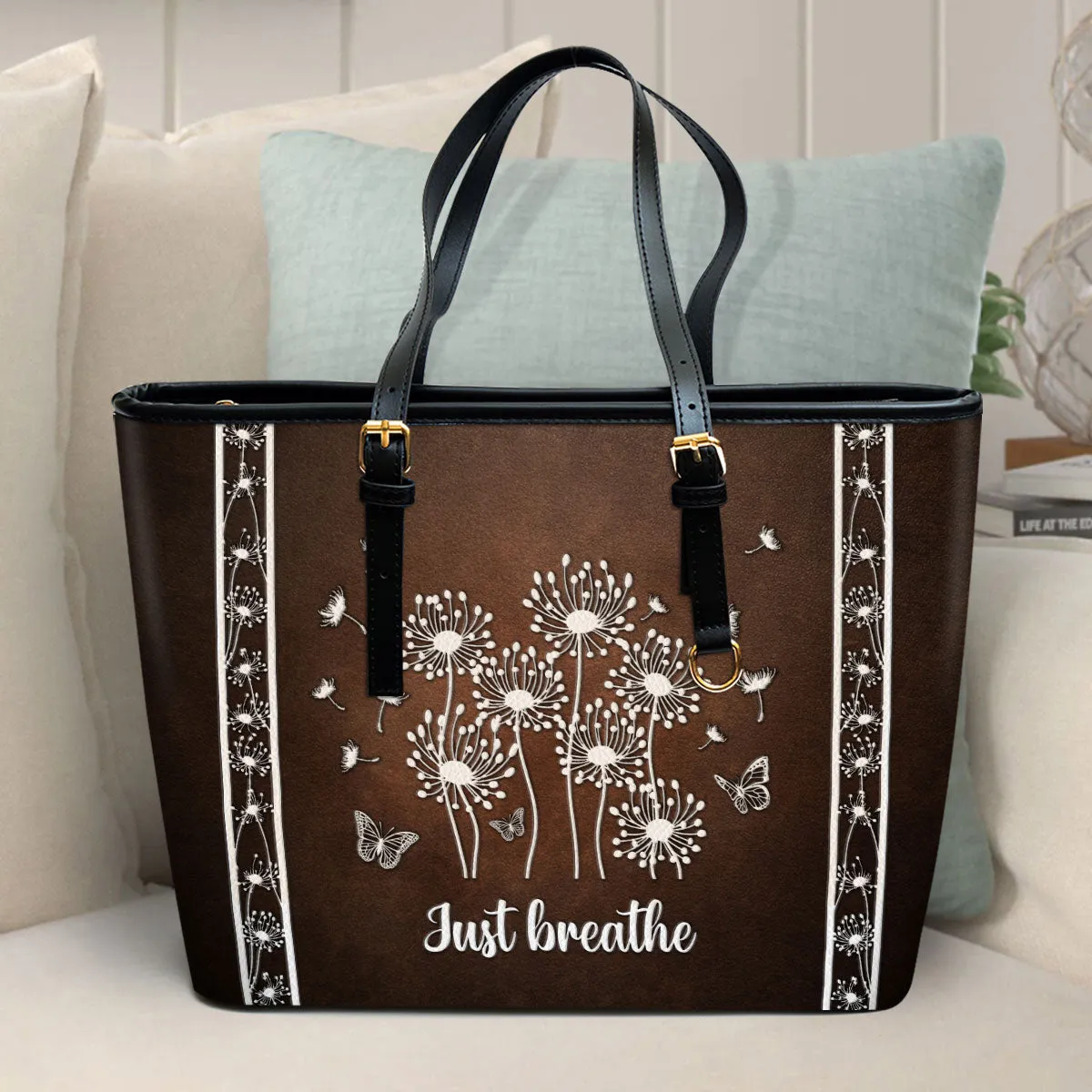 Just breathe Dandelion Large Leather Tote Bag - Christ Gifts For Religious Women - Best Mother's Day Gifts