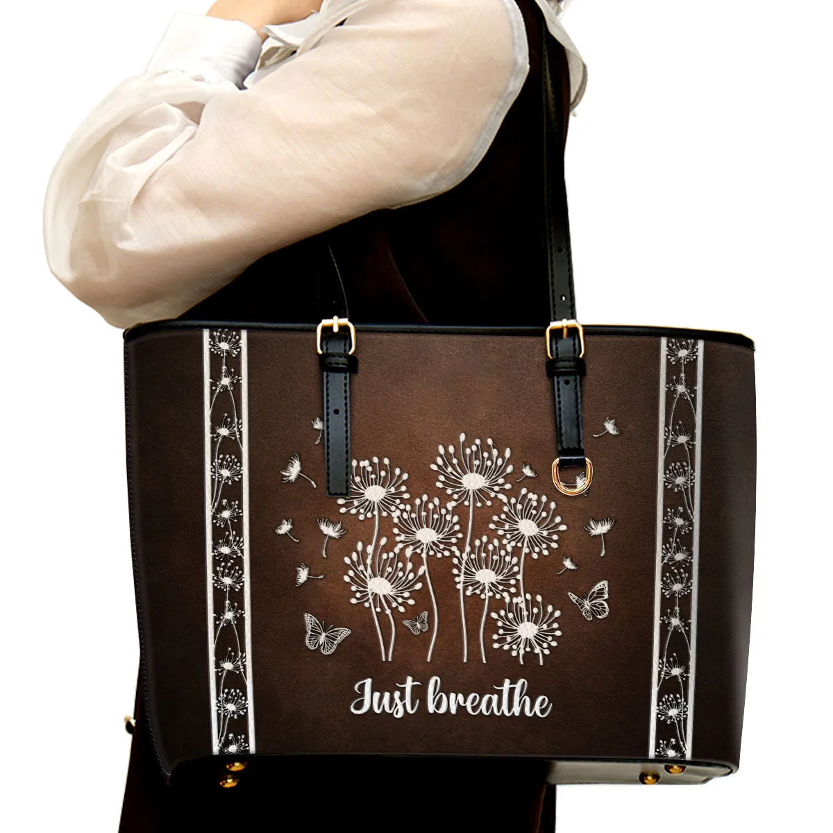 Just breathe Dandelion Large Leather Tote Bag - Christ Gifts For Religious Women - Best Mother's Day Gifts