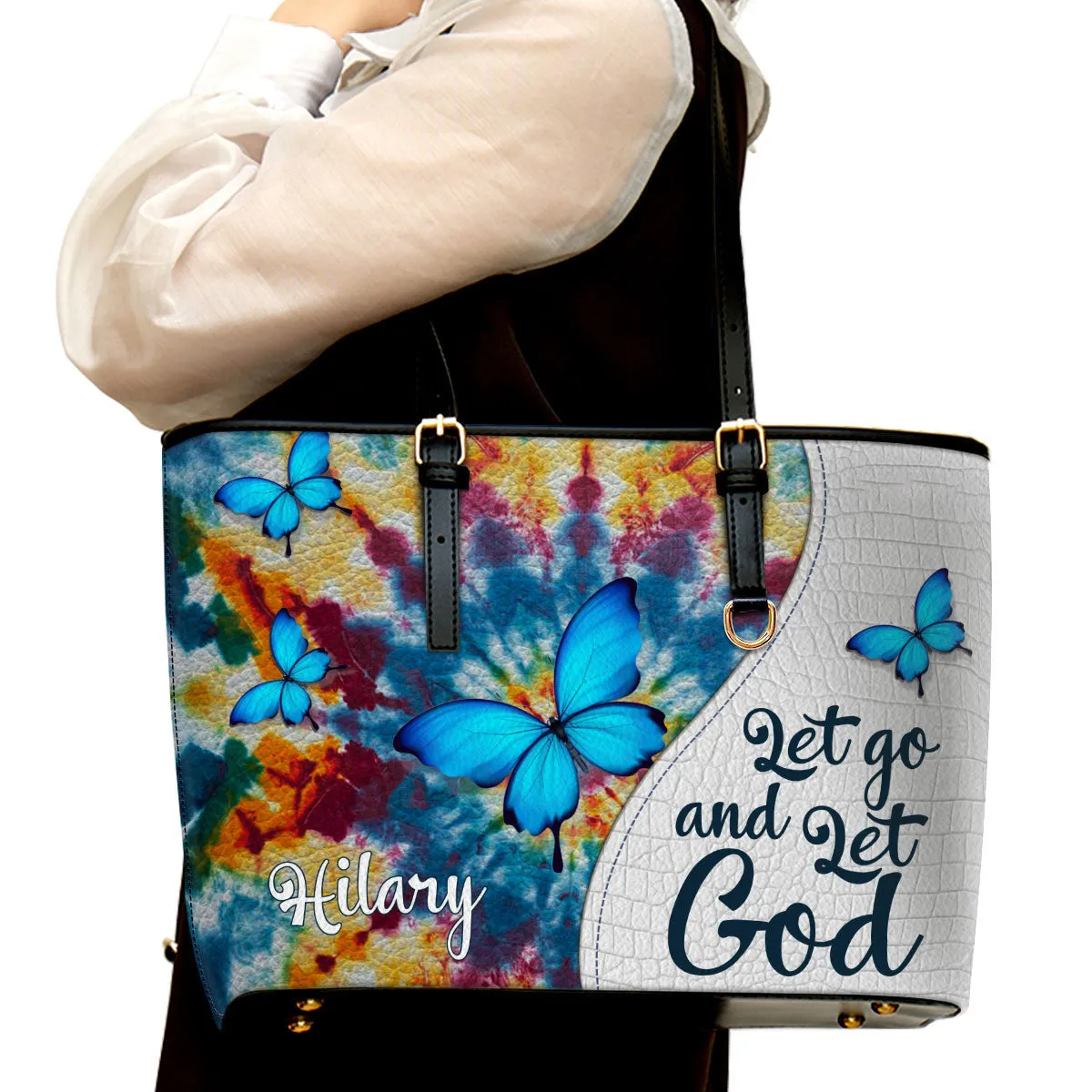 Let Go And Let God Personalized Large Leather Tote Bag - Christian Inspirational Gifts For Women