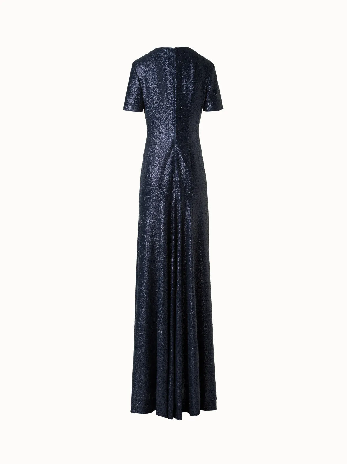 Long Sequined Evening Gown with Short Sleeves