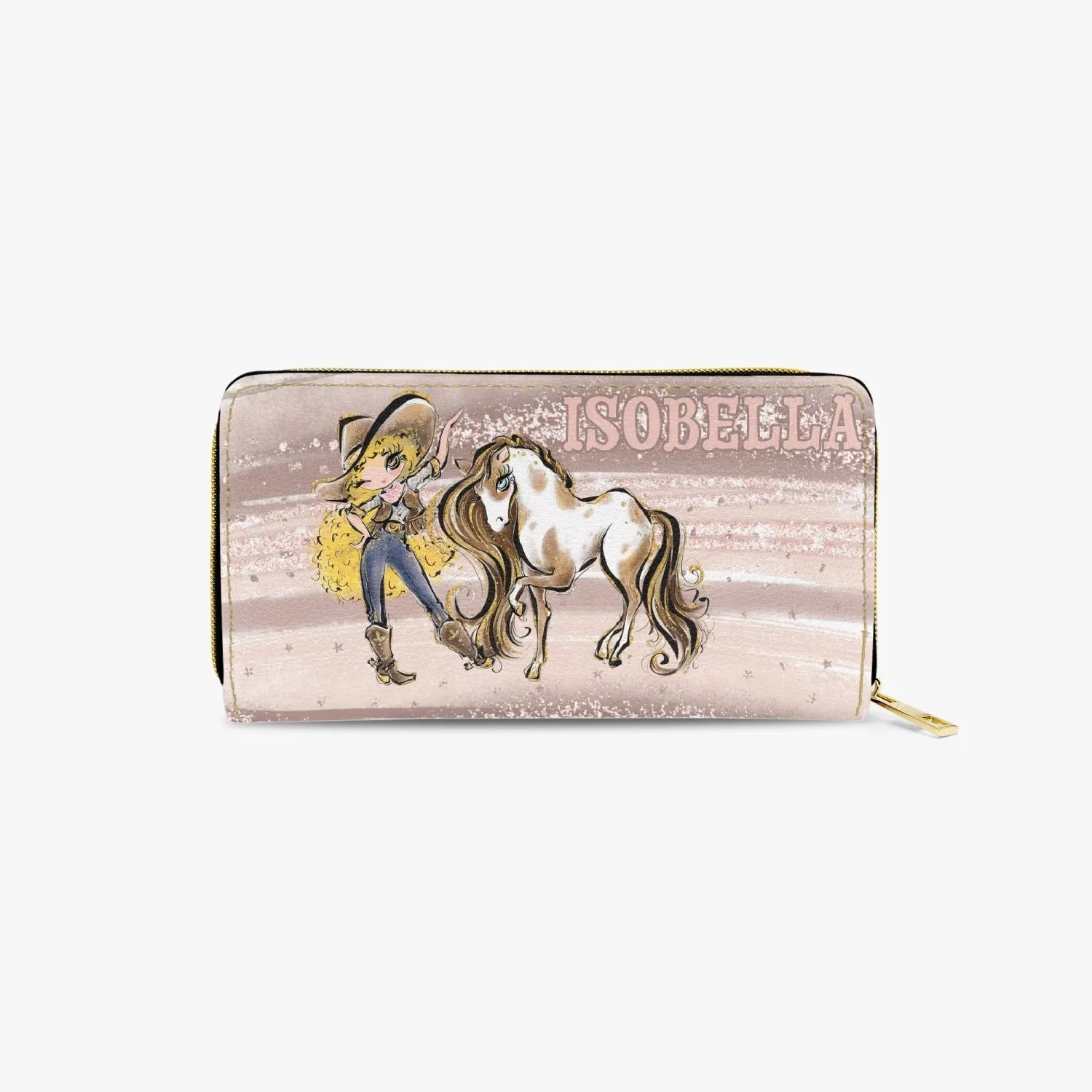 Long Type Zipper Purse, Howdy Cowgirl & Horse, Blonde Curly Hair Brown Eyes, Personalised