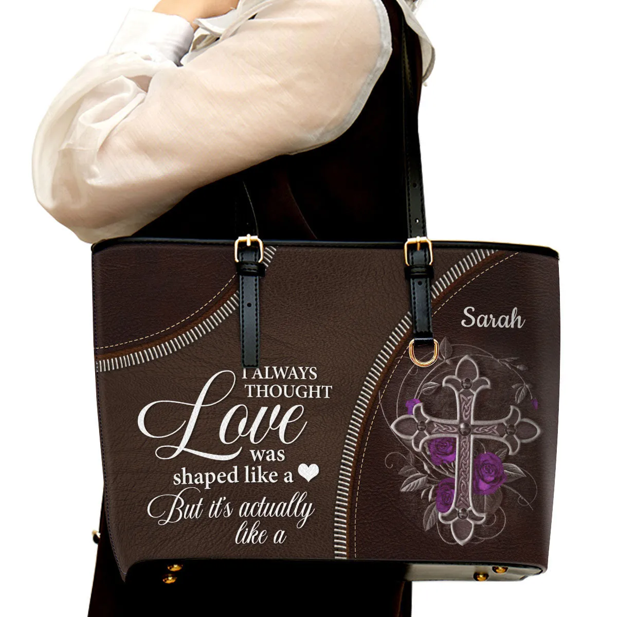 Love Is Actually like A Cross Personalized Large Leather Tote Bag - Christian Inspirational Gifts For Women