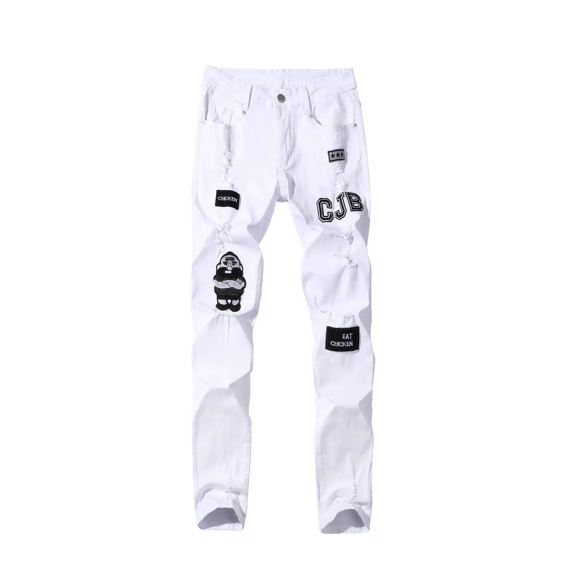 Men's Ripped Trendy Black Slim Fit White Jeans