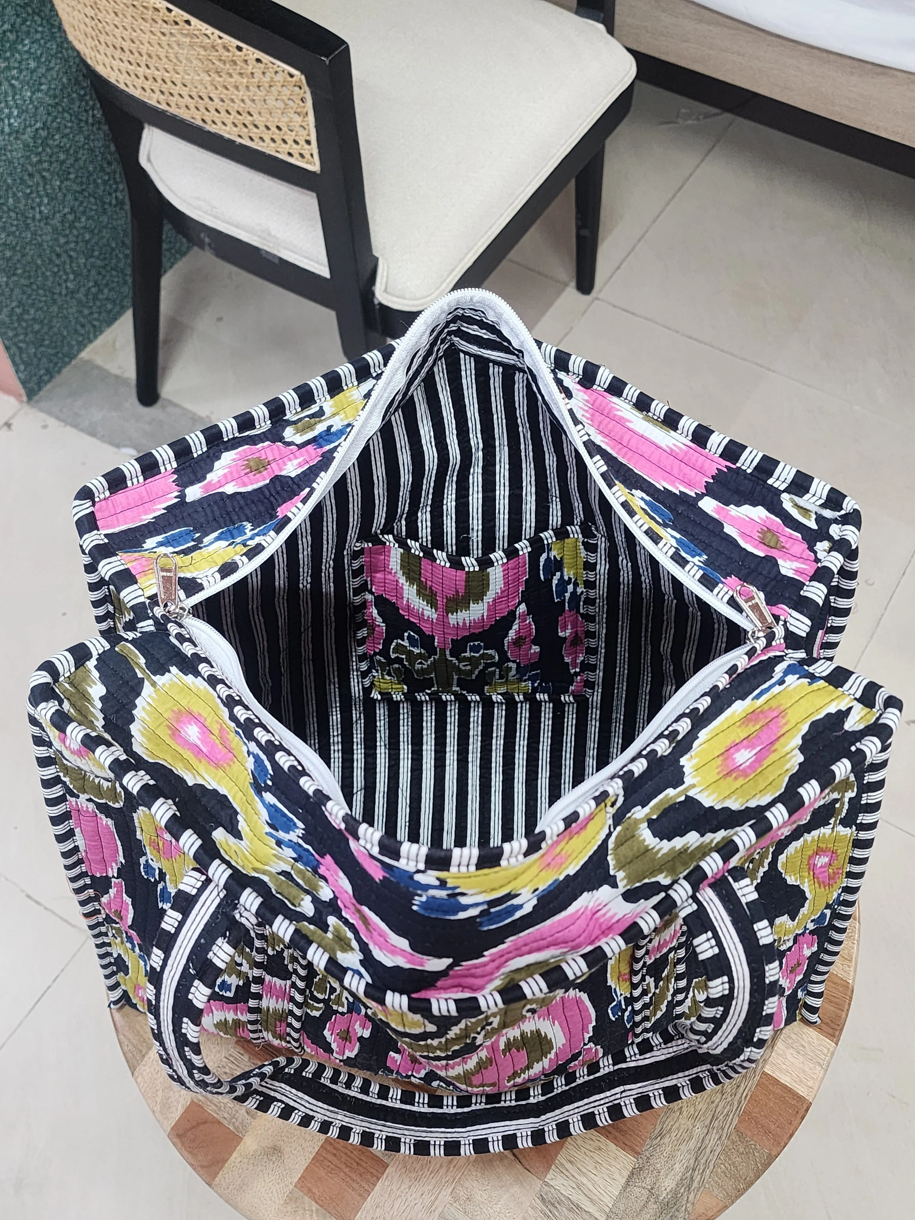 Multicolor Jute Handblock Printed Tote Bag With Concealed Zip