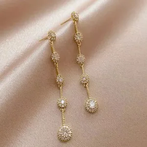 New Gold Color Long Tassel Fashion Zircon Flower Dangle 2024 Trend Wholesale Korean Earring