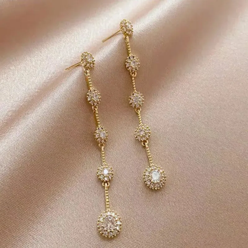 New Gold Color Long Tassel Fashion Zircon Flower Dangle 2024 Trend Wholesale Korean Earring