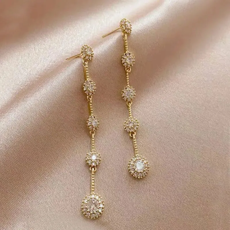 New Gold Color Long Tassel Fashion Zircon Flower Dangle 2024 Trend Wholesale Korean Earring