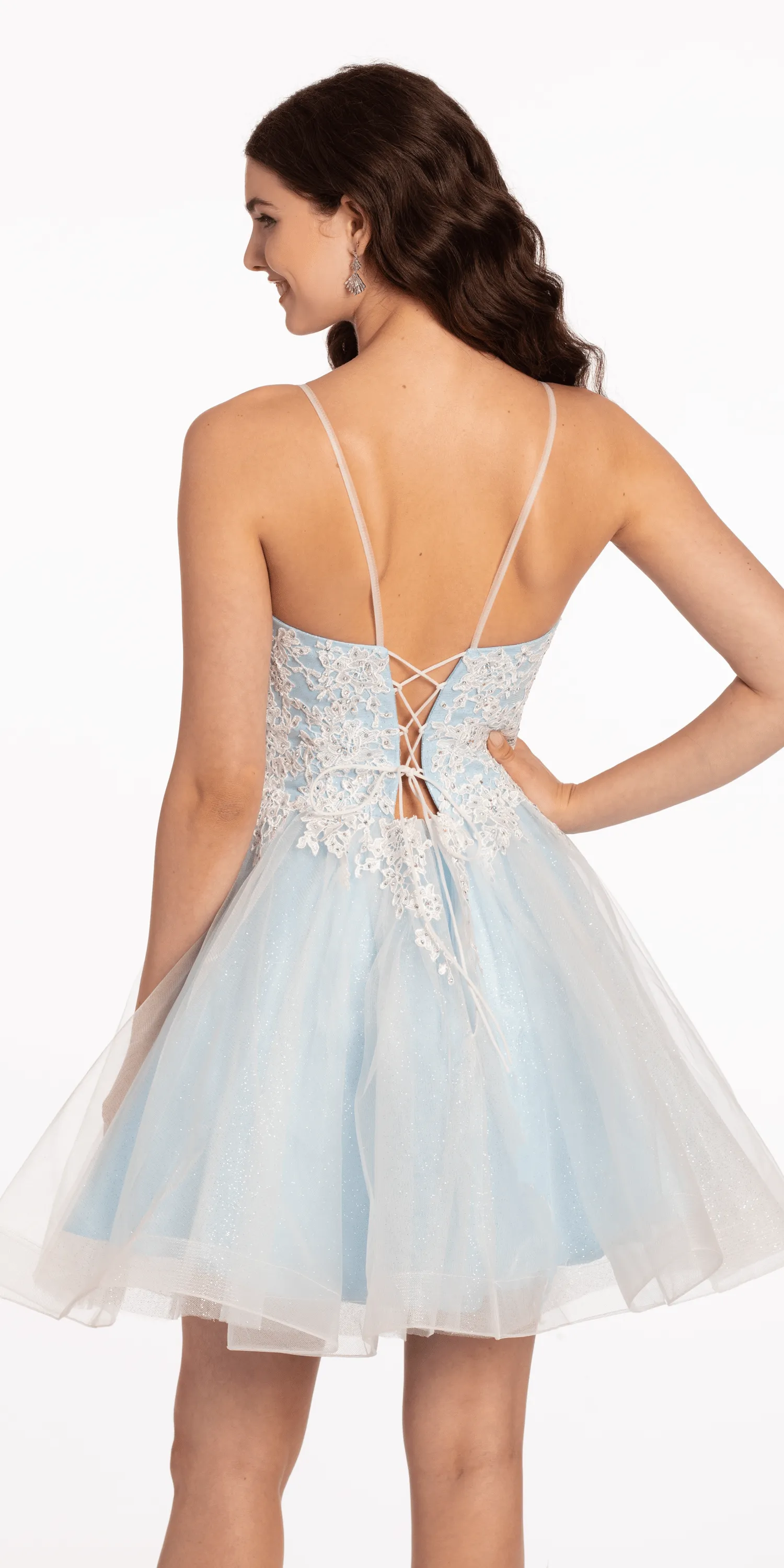 Plunging Tulle Applique Lace Up Back Fit and Flare Dress