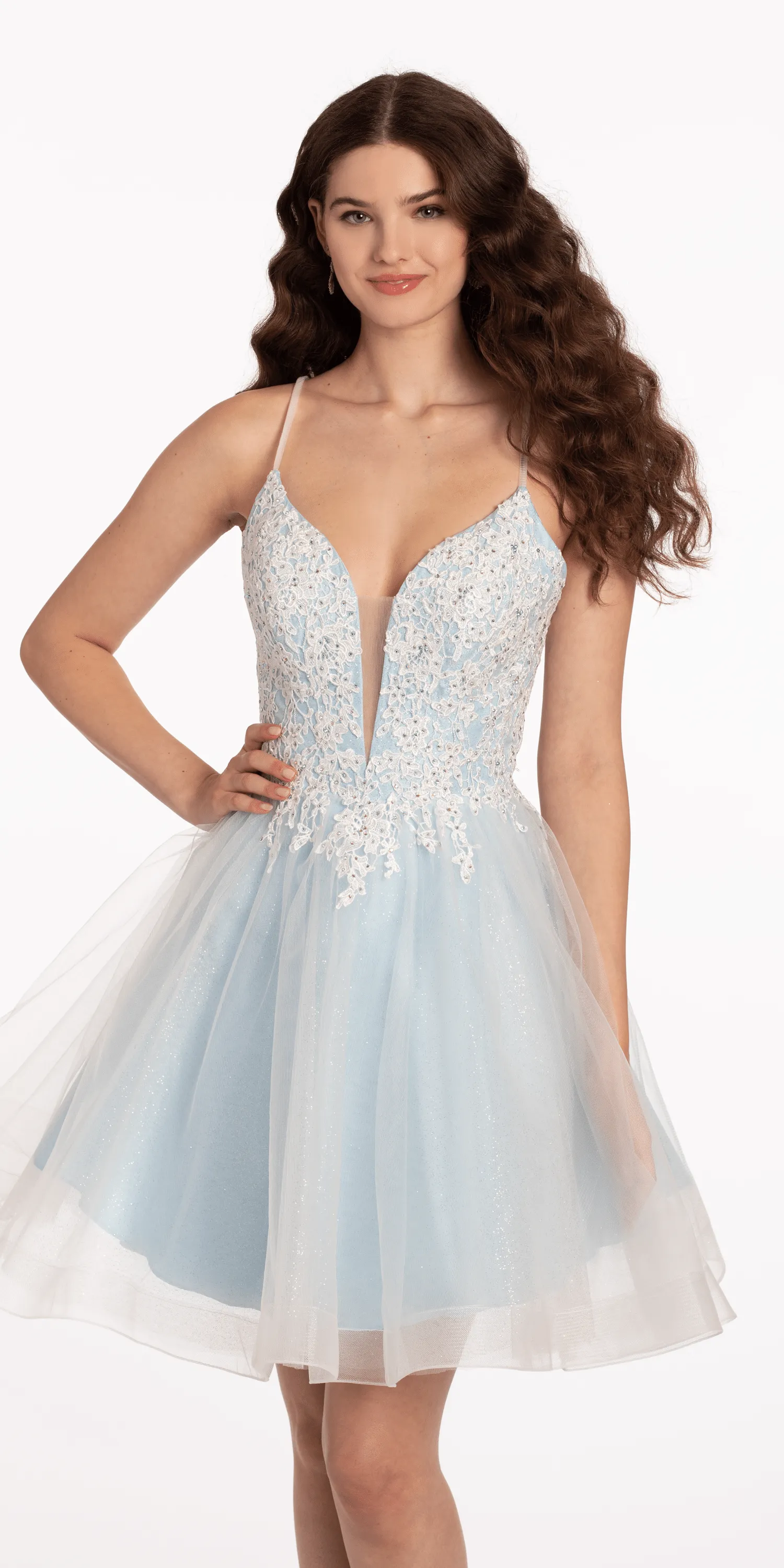 Plunging Tulle Applique Lace Up Back Fit and Flare Dress