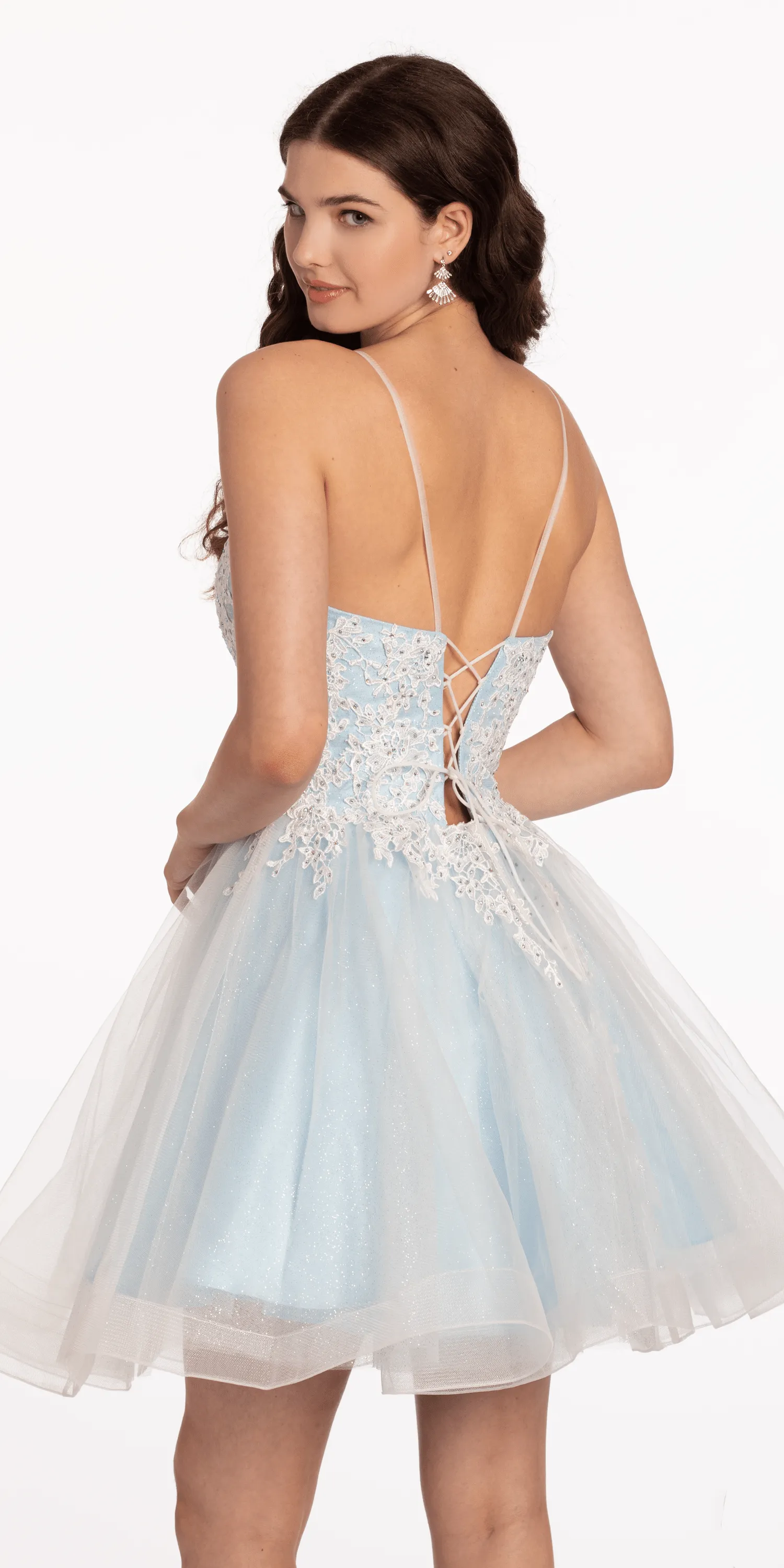 Plunging Tulle Applique Lace Up Back Fit and Flare Dress