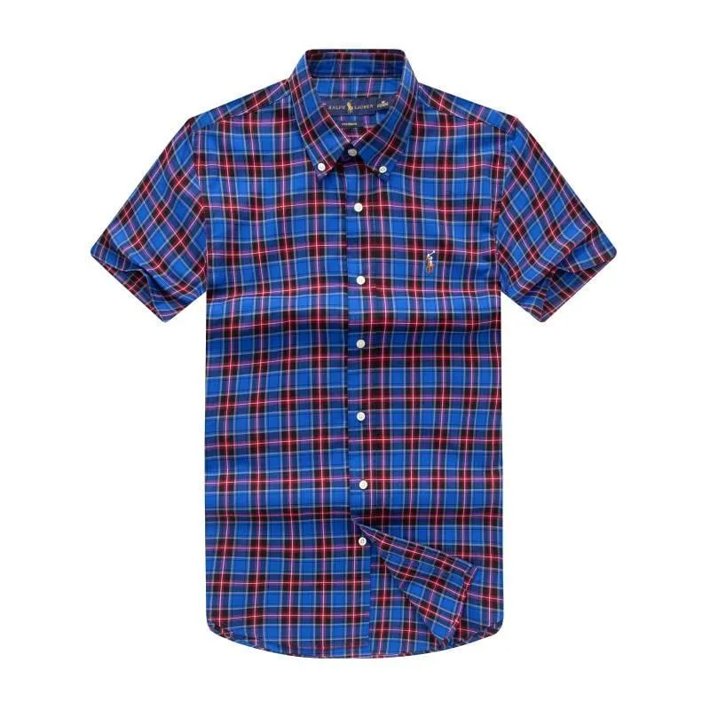 RL Custom Fit Short Sleeve Men's Button Down Oxford Shirt-Blue