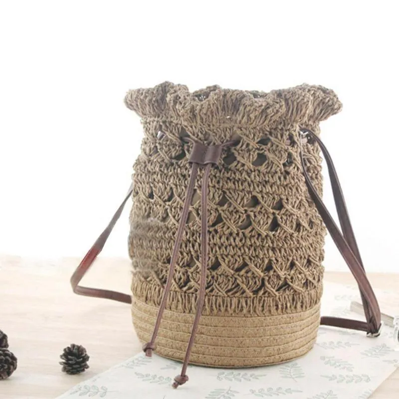 Straw Bucket Shoulder Drawstring Bag