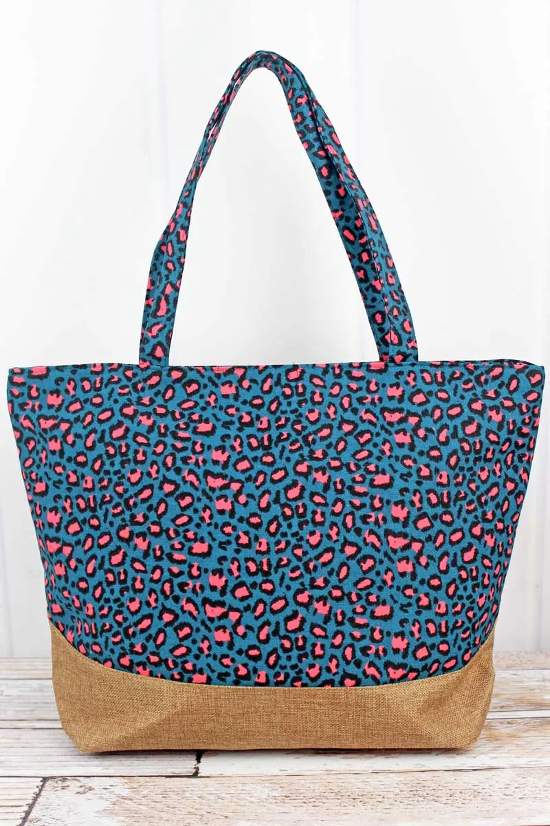 Teal Leopard with Jute Trim Shoulder Tote