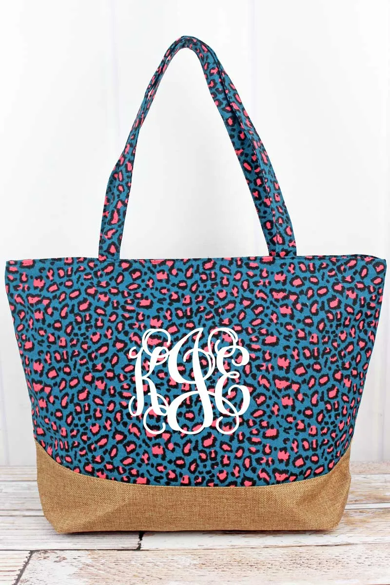 Teal Leopard with Jute Trim Shoulder Tote