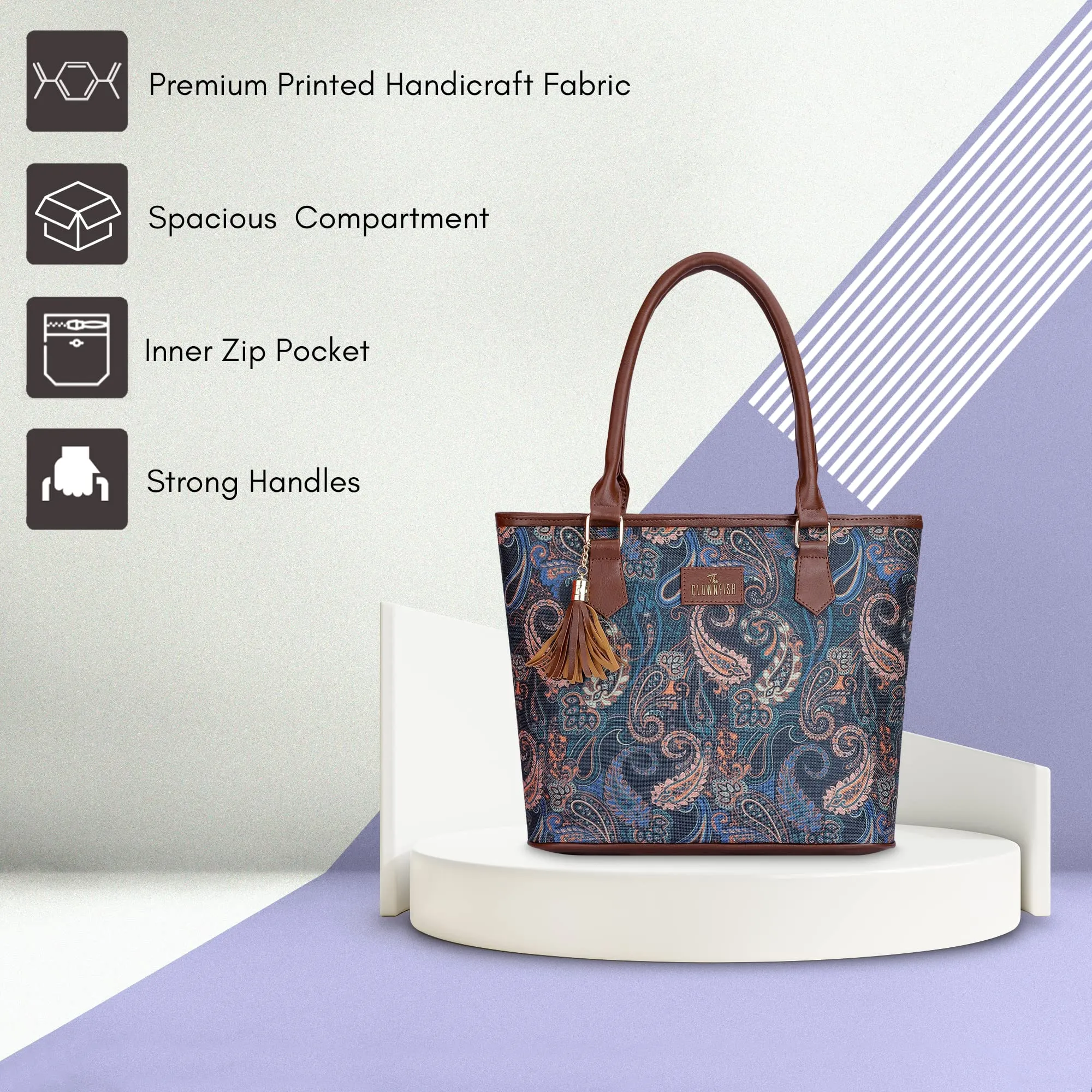 THE CLOWNFISH Aviva Printed Handicraft Fabric Handbag for Women Office Bag Ladies Shoulder Bag Tote for Women College Girls (Peacock Blue)