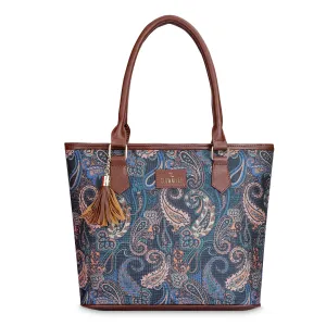 THE CLOWNFISH Aviva Printed Handicraft Fabric Handbag for Women Office Bag Ladies Shoulder Bag Tote for Women College Girls (Peacock Blue)