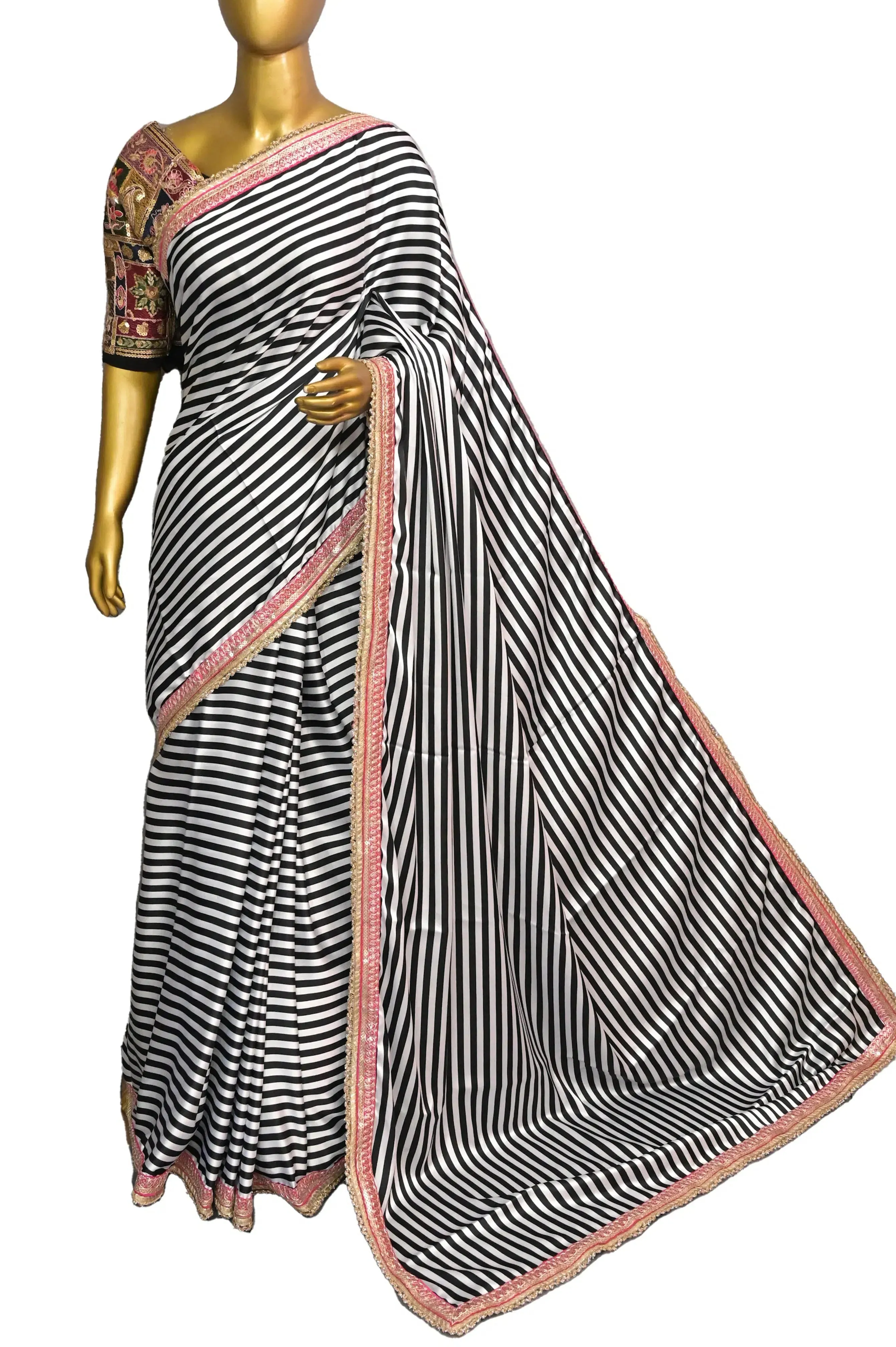 Timeless Black & White Satin Silk Saree with Trendy Stripes and Designer Border