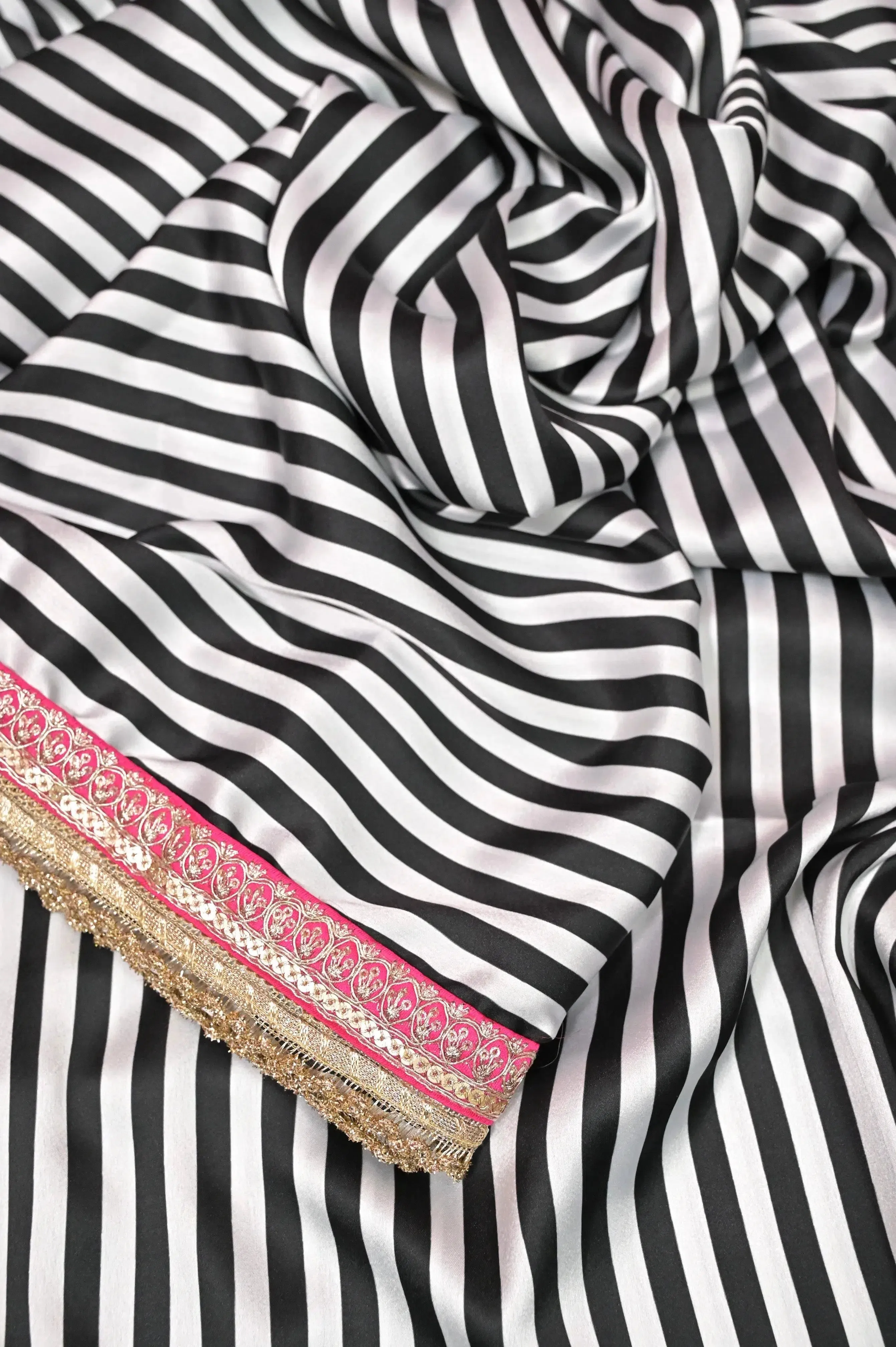 Timeless Black & White Satin Silk Saree with Trendy Stripes and Designer Border