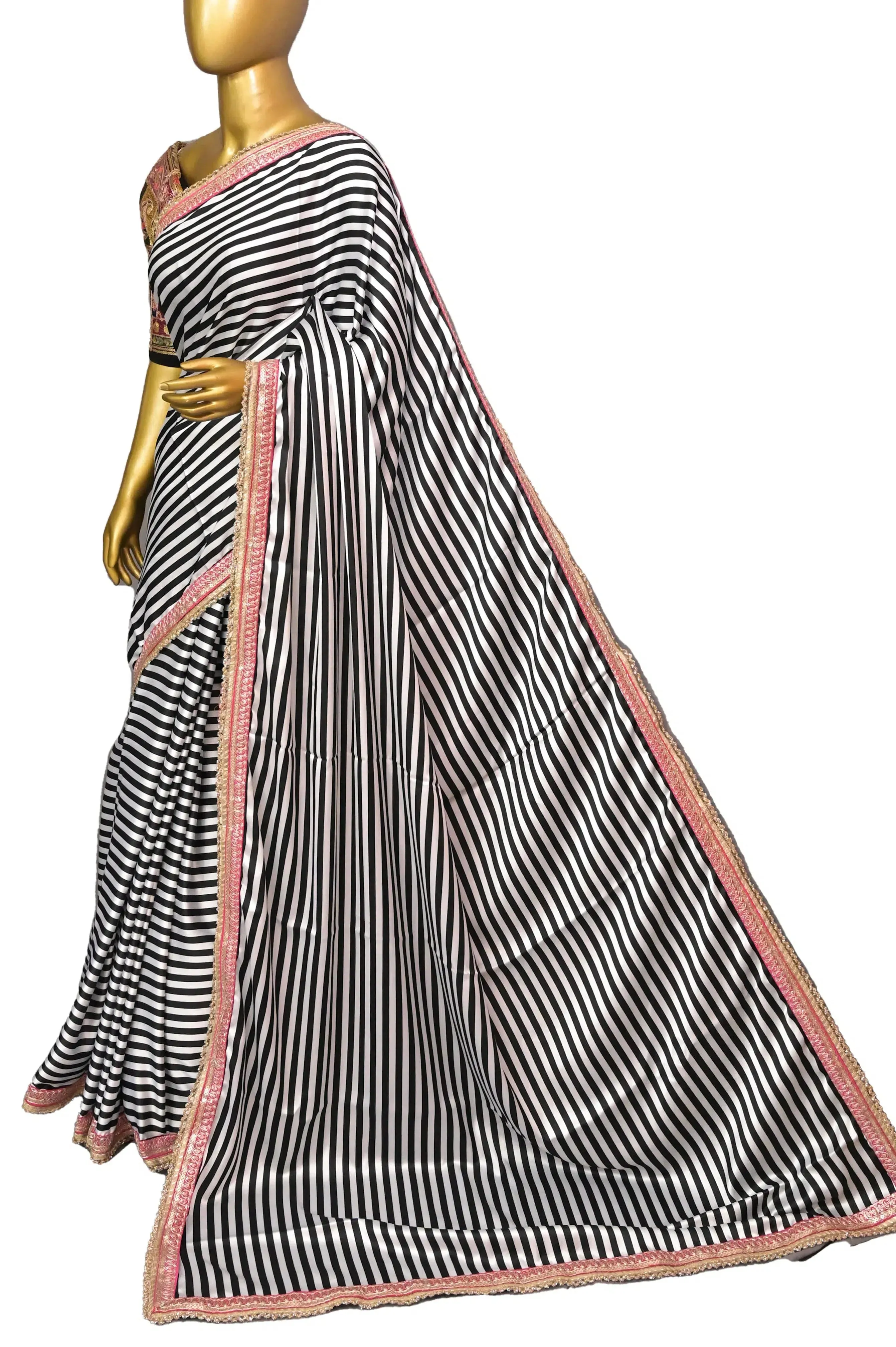 Timeless Black & White Satin Silk Saree with Trendy Stripes and Designer Border