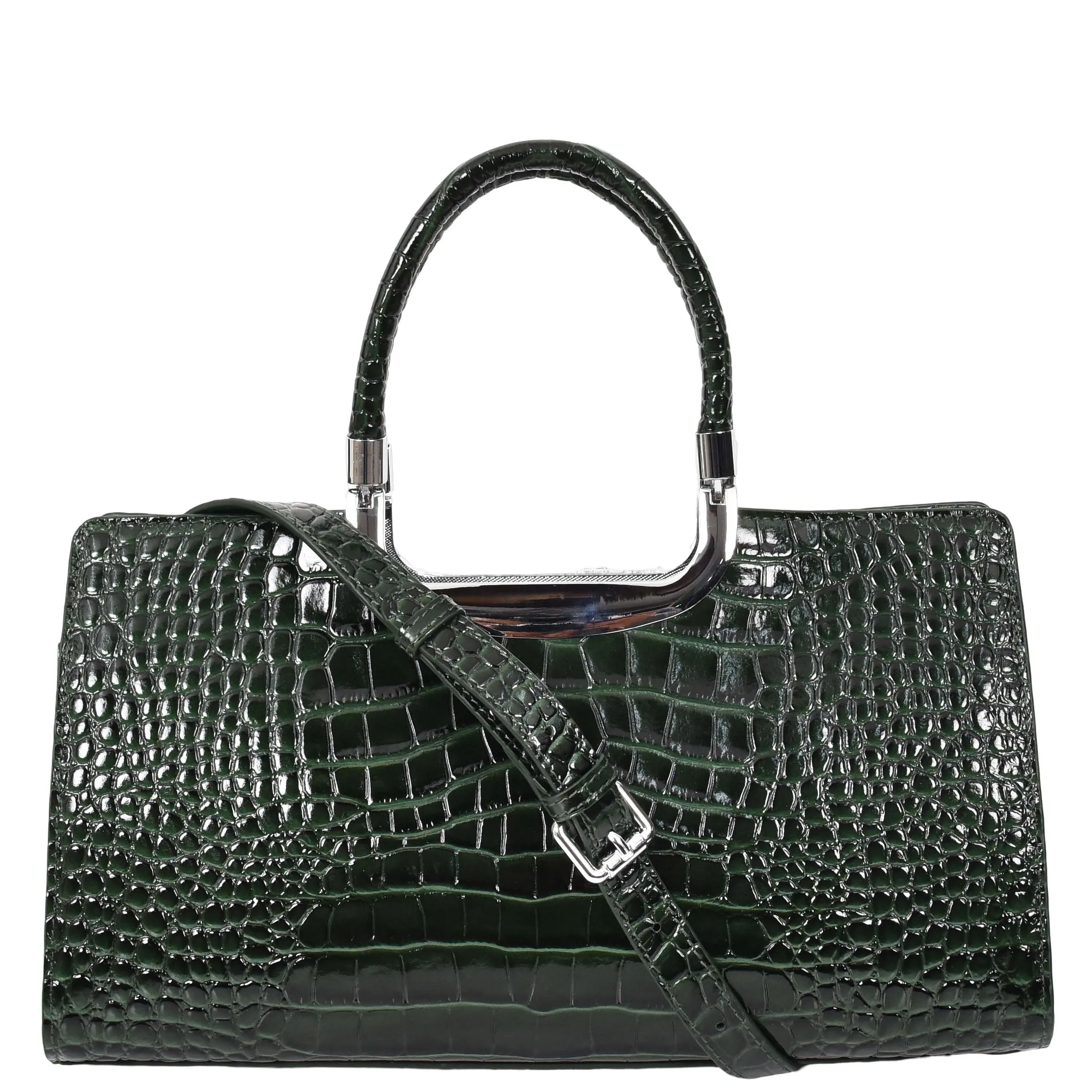 Womens Leather Handbag Croc-Print Casual Fashion Top Handle Tote Bag A880 Green