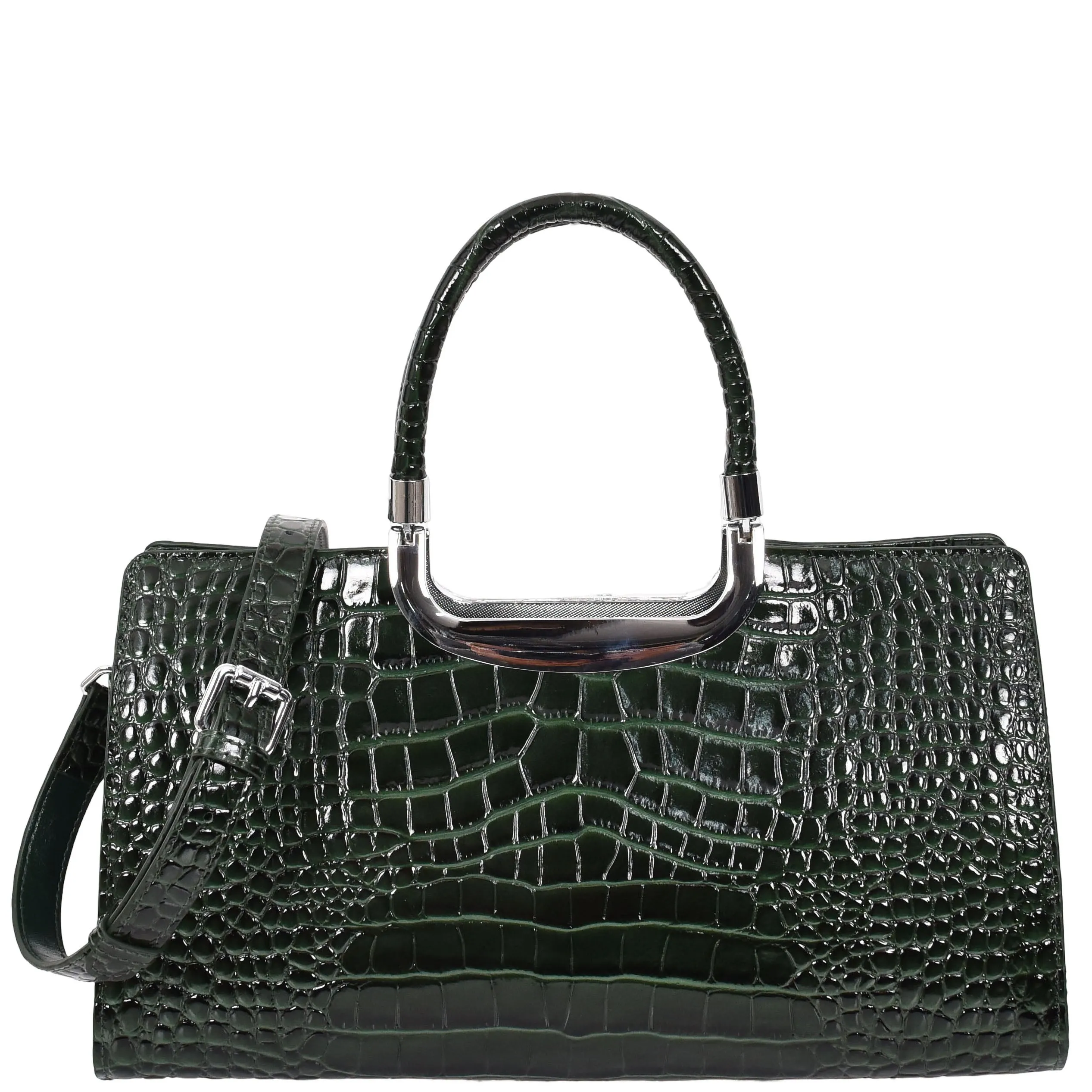 Womens Leather Handbag Croc-Print Casual Fashion Top Handle Tote Bag A880 Green