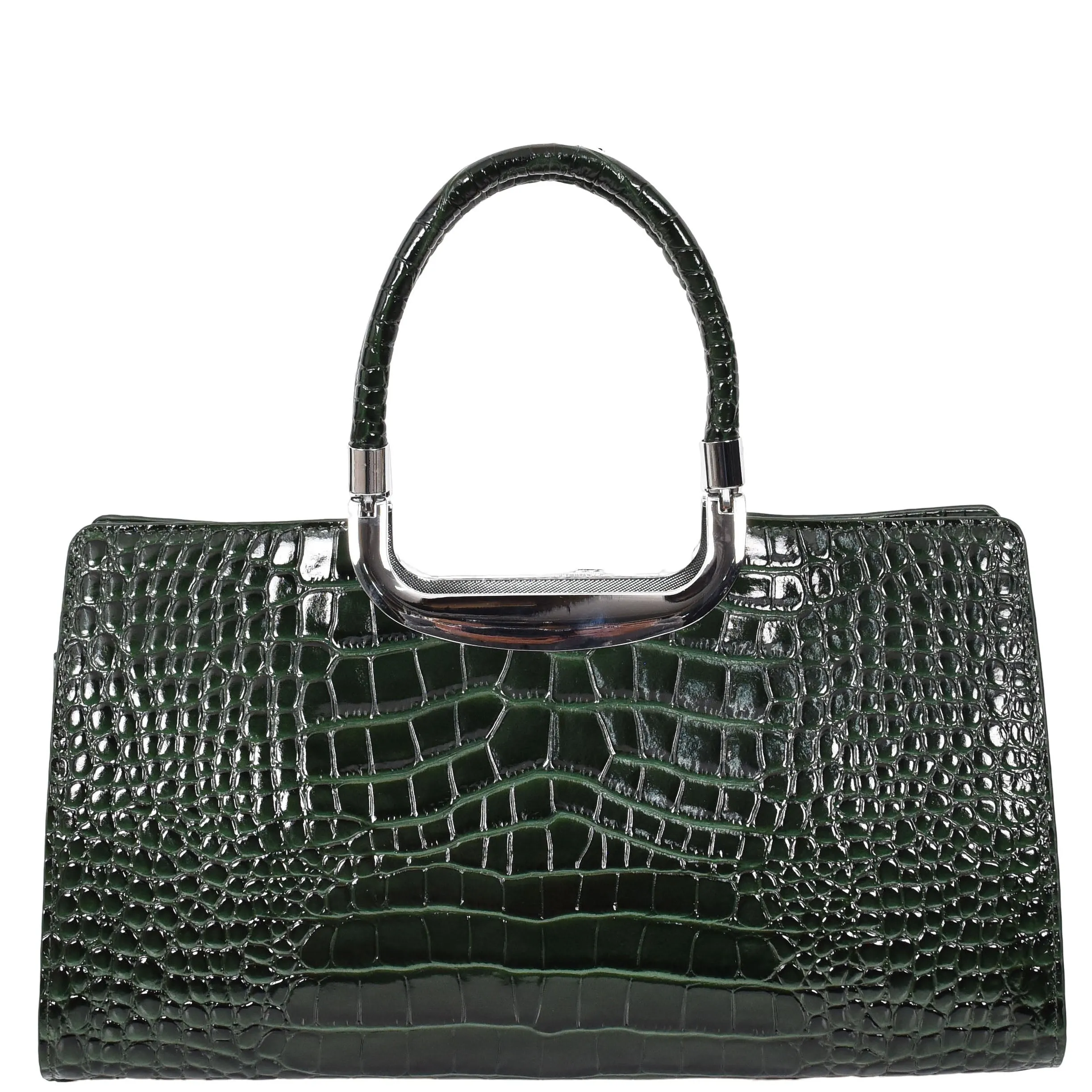 Womens Leather Handbag Croc-Print Casual Fashion Top Handle Tote Bag A880 Green