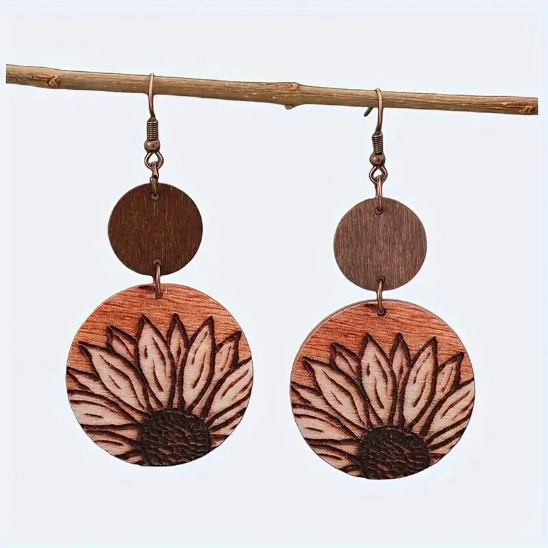 Wood Burned Sunflower Double Circle Earrings